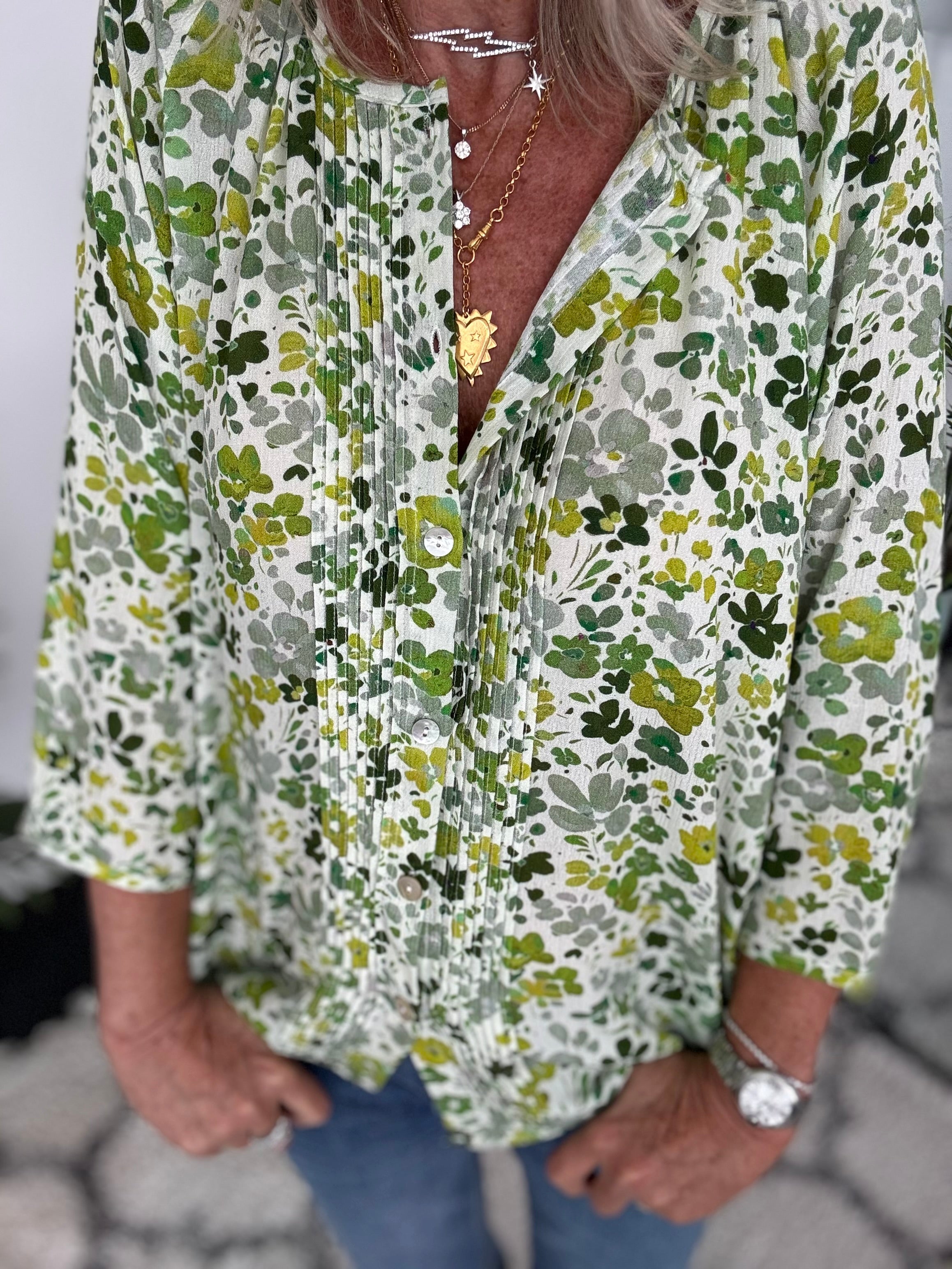 Pintuck Ditsy Blouse in Green & Lime