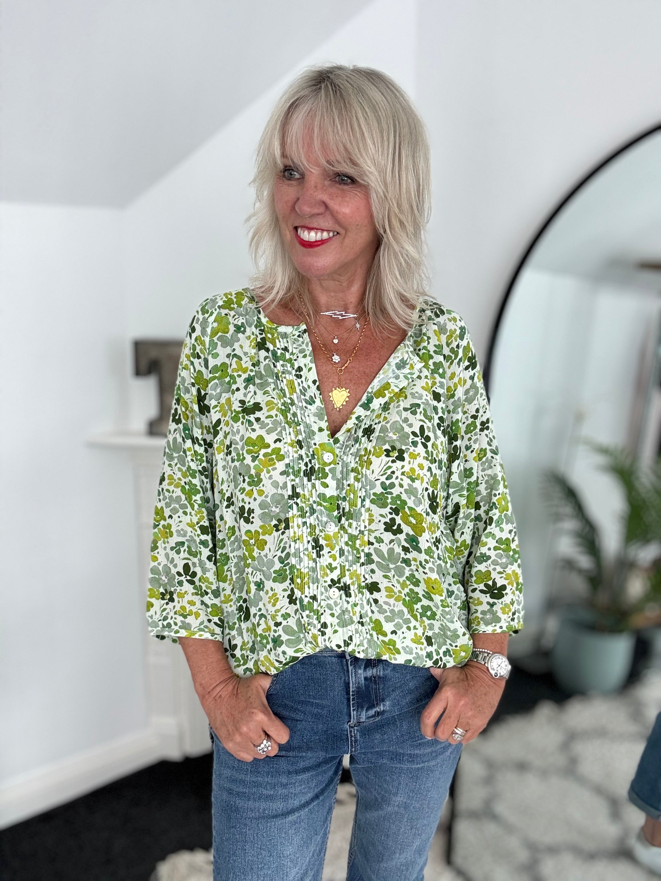 Pintuck Ditsy Blouse in Green & Lime