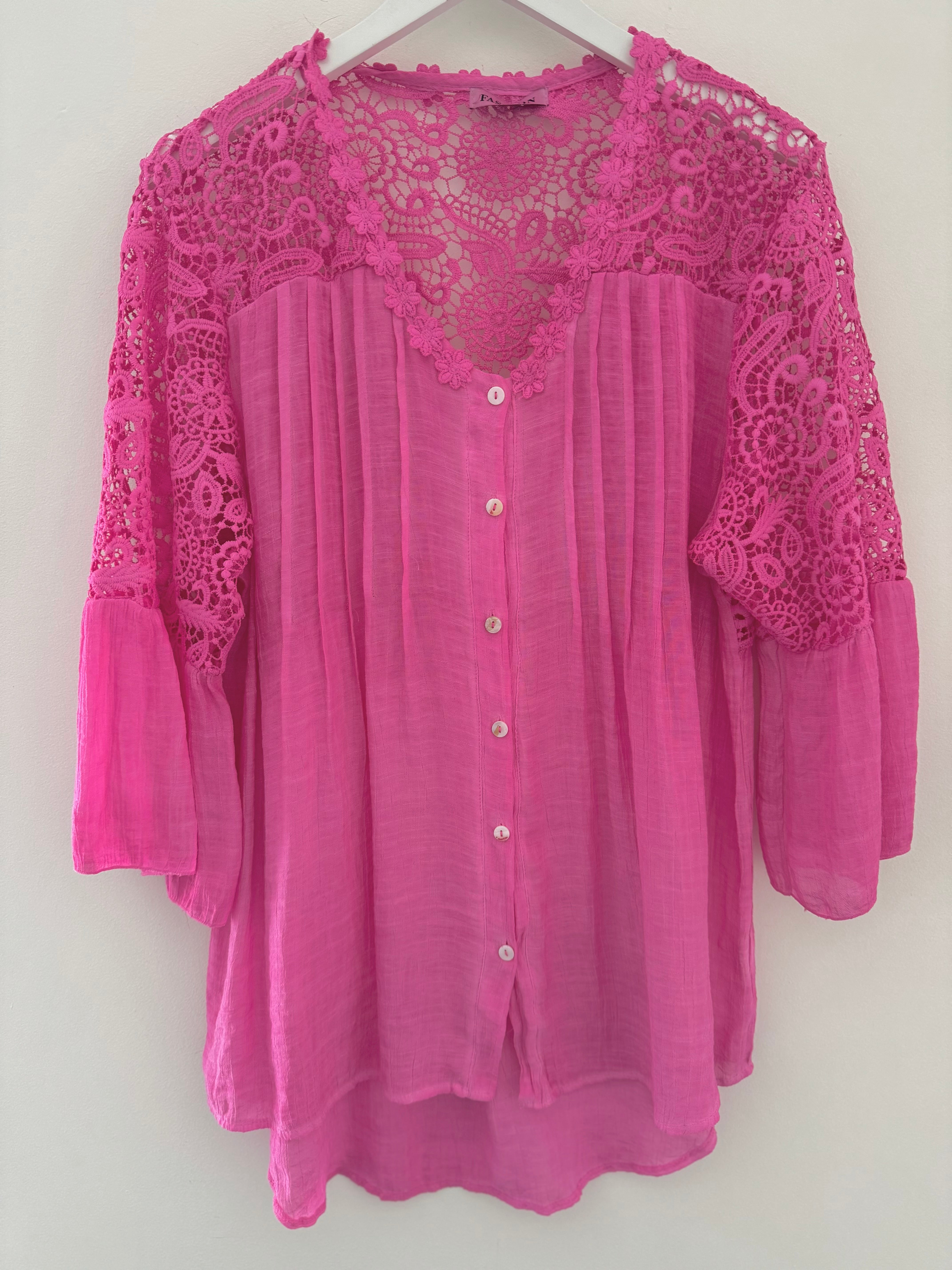 Lace Buttoned Blouse in Fuchsia