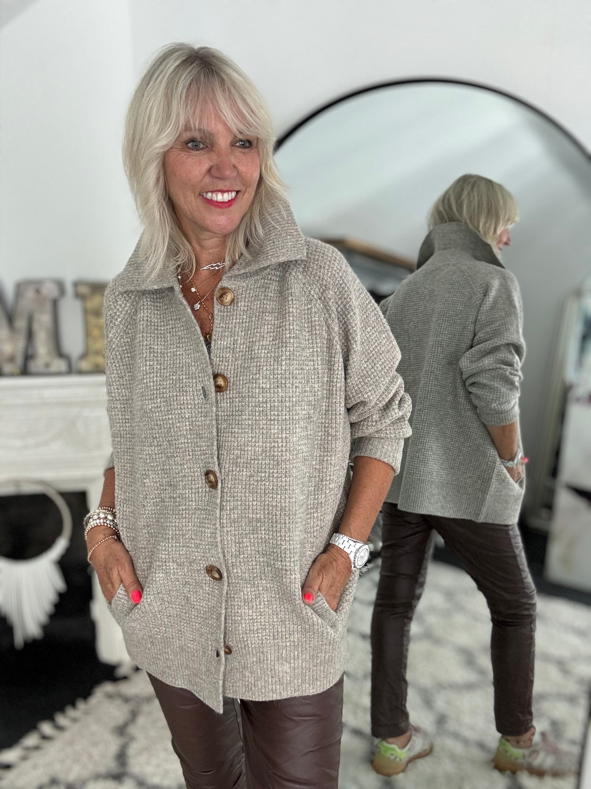 Fisherman Rib Knitted Jacket in Stone