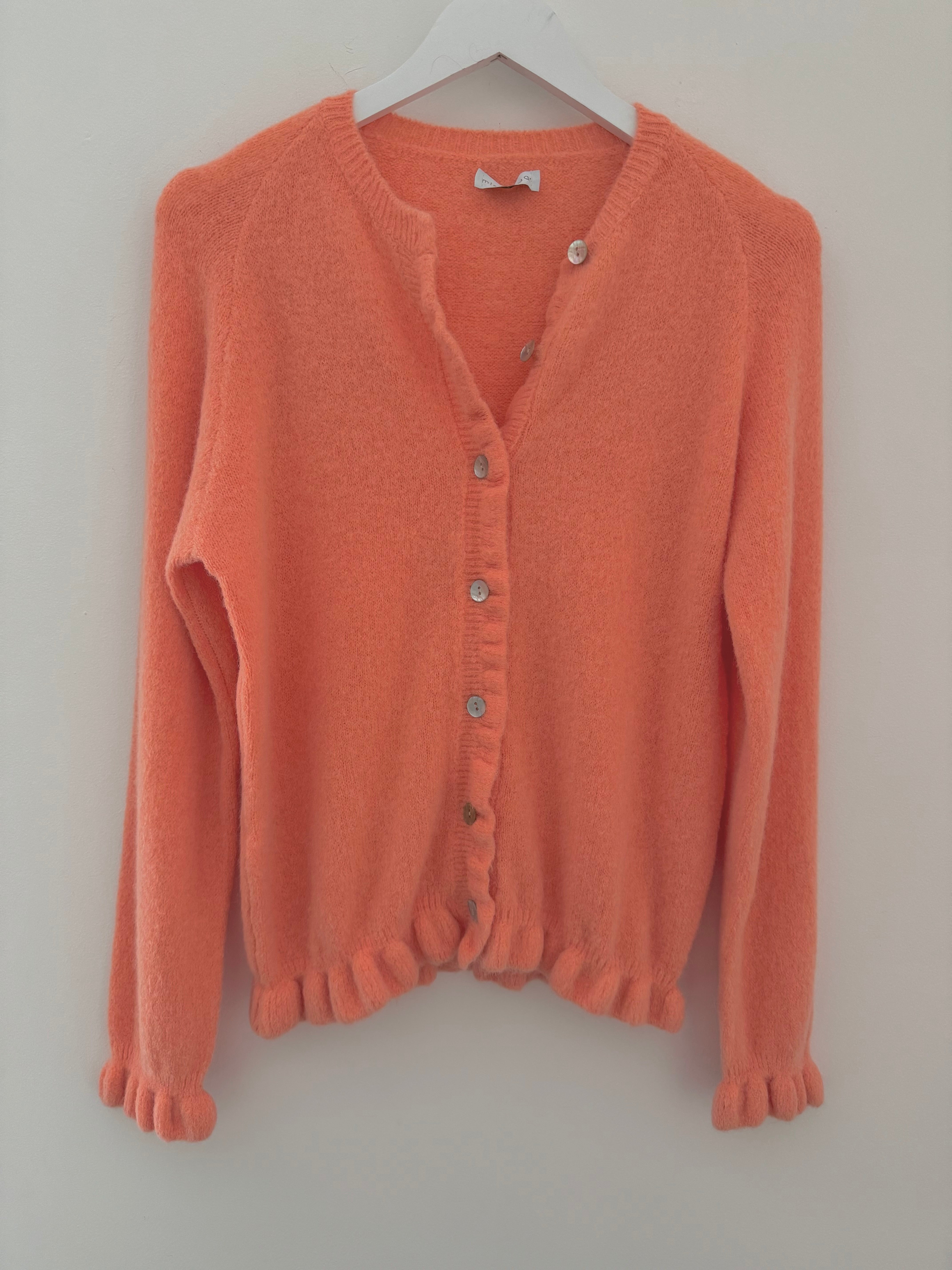 Alpaca Cardi with Frill Hems in Soft Tangerine