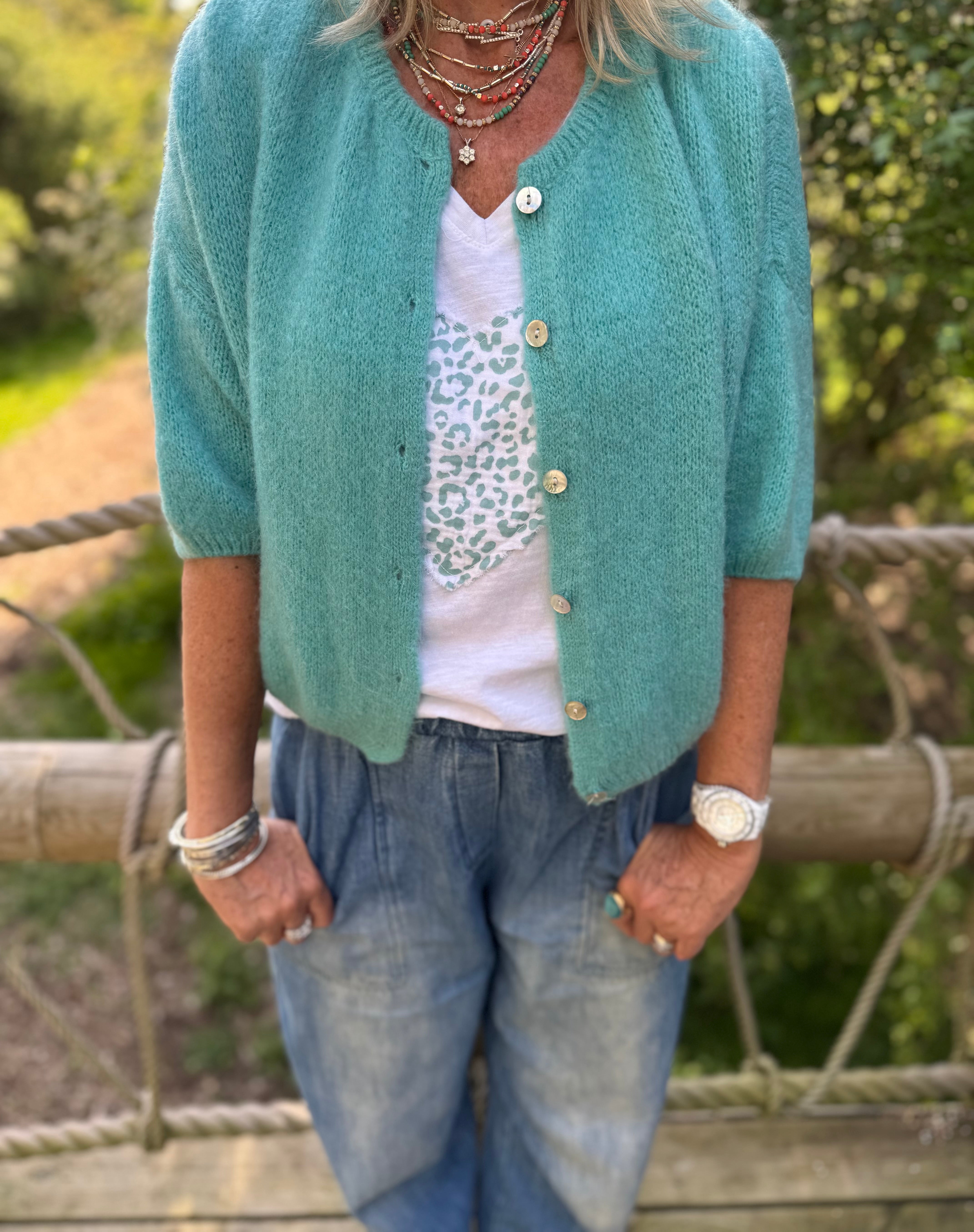 Cropped Sleeve Buttoned Cardi in Sea Green