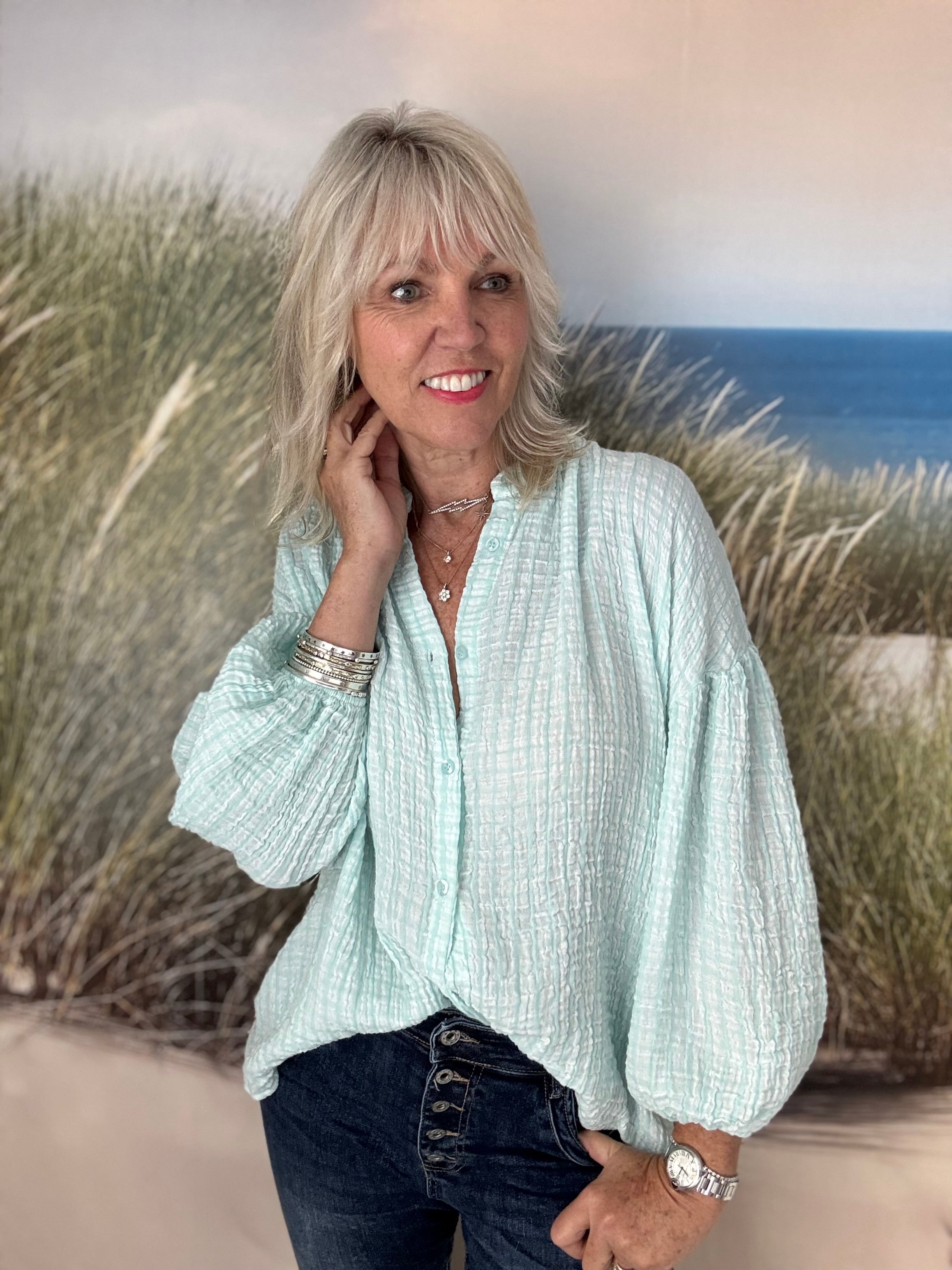 Gingham Seersucker Blouse in Aqua