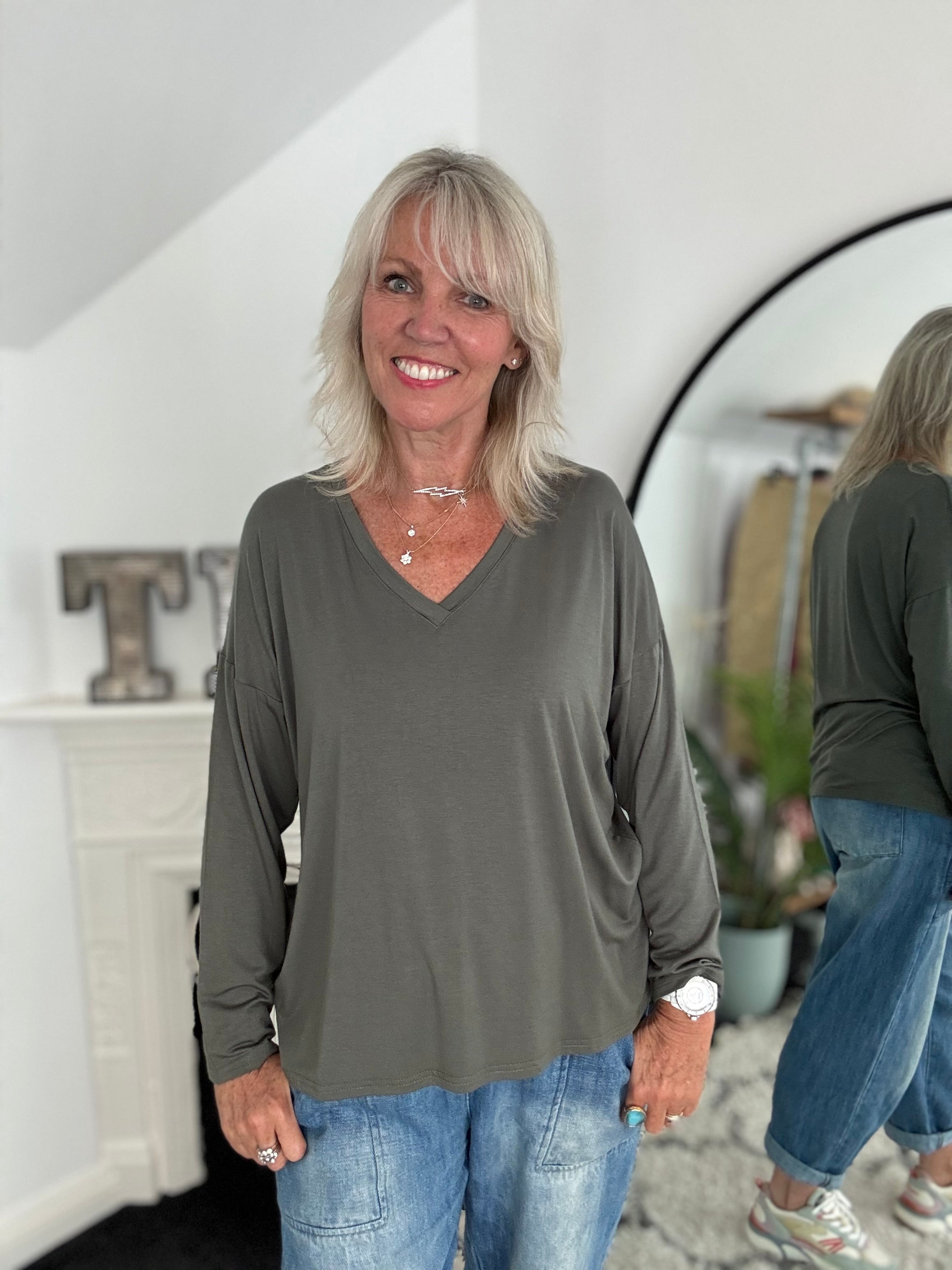 Bamboo Jersey V Neck Top in Khaki
