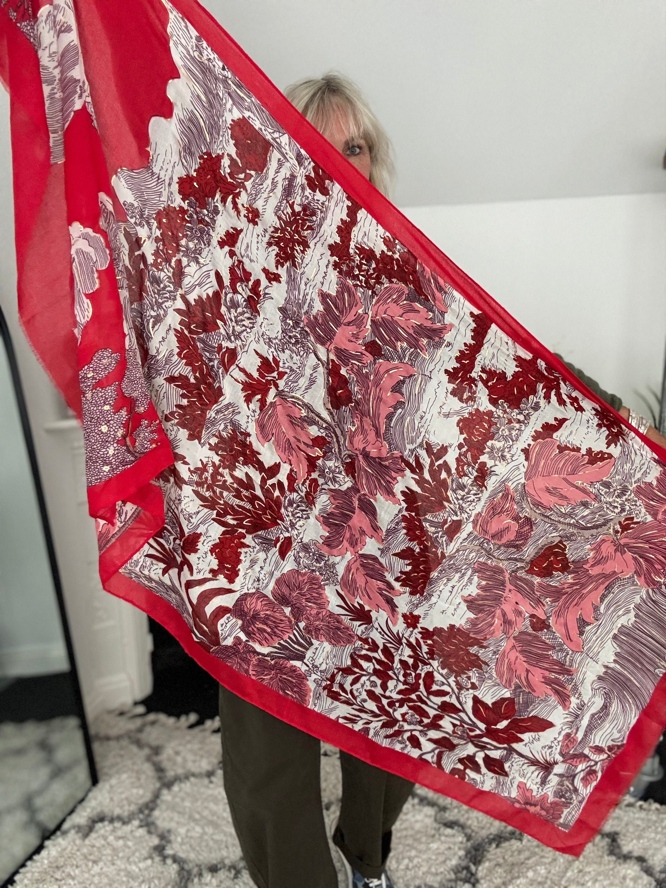 Stunning Leaf Scarf In Red & Pink