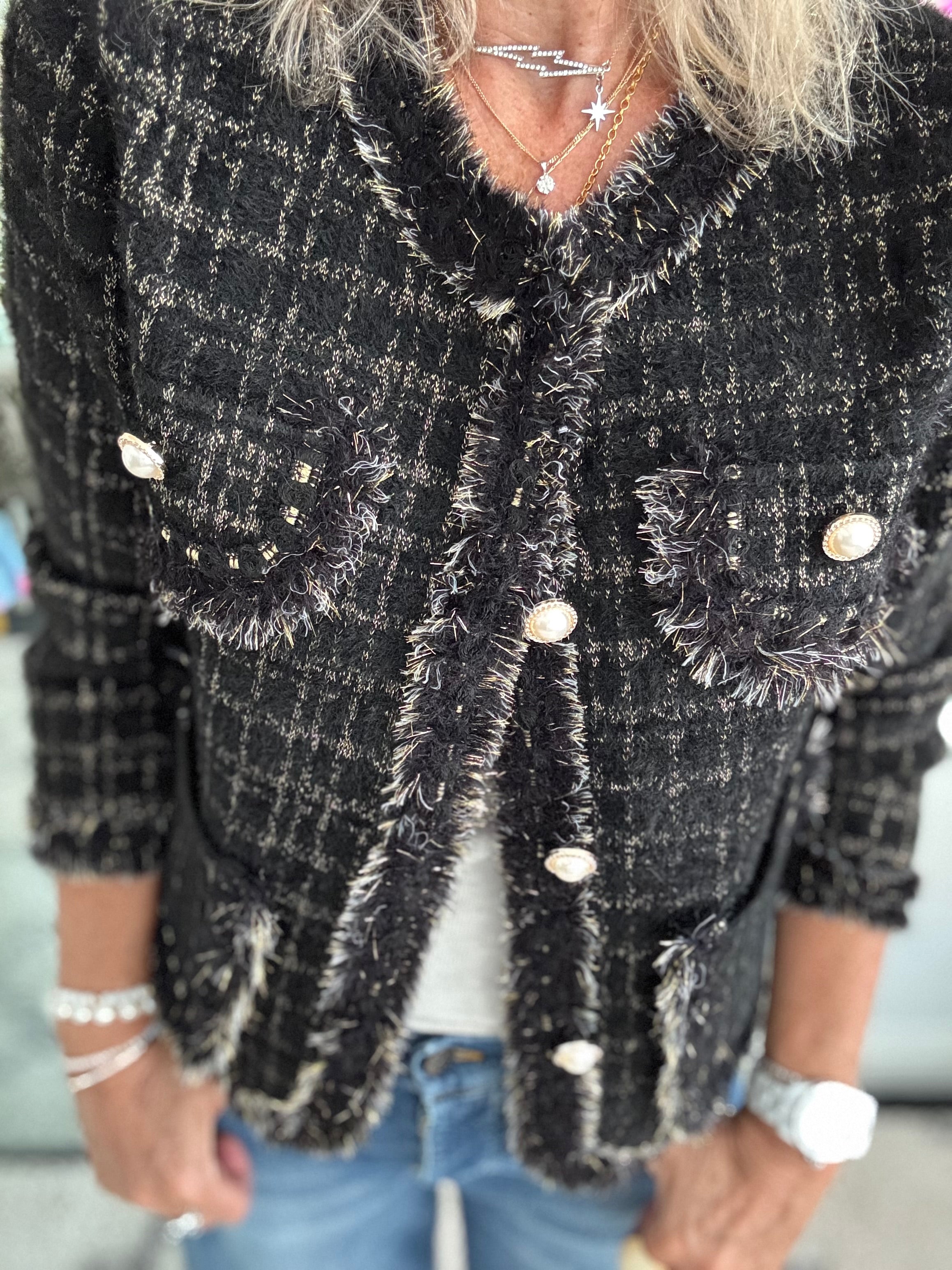 Pearl Button & Tweed Cardi Jacket in Black