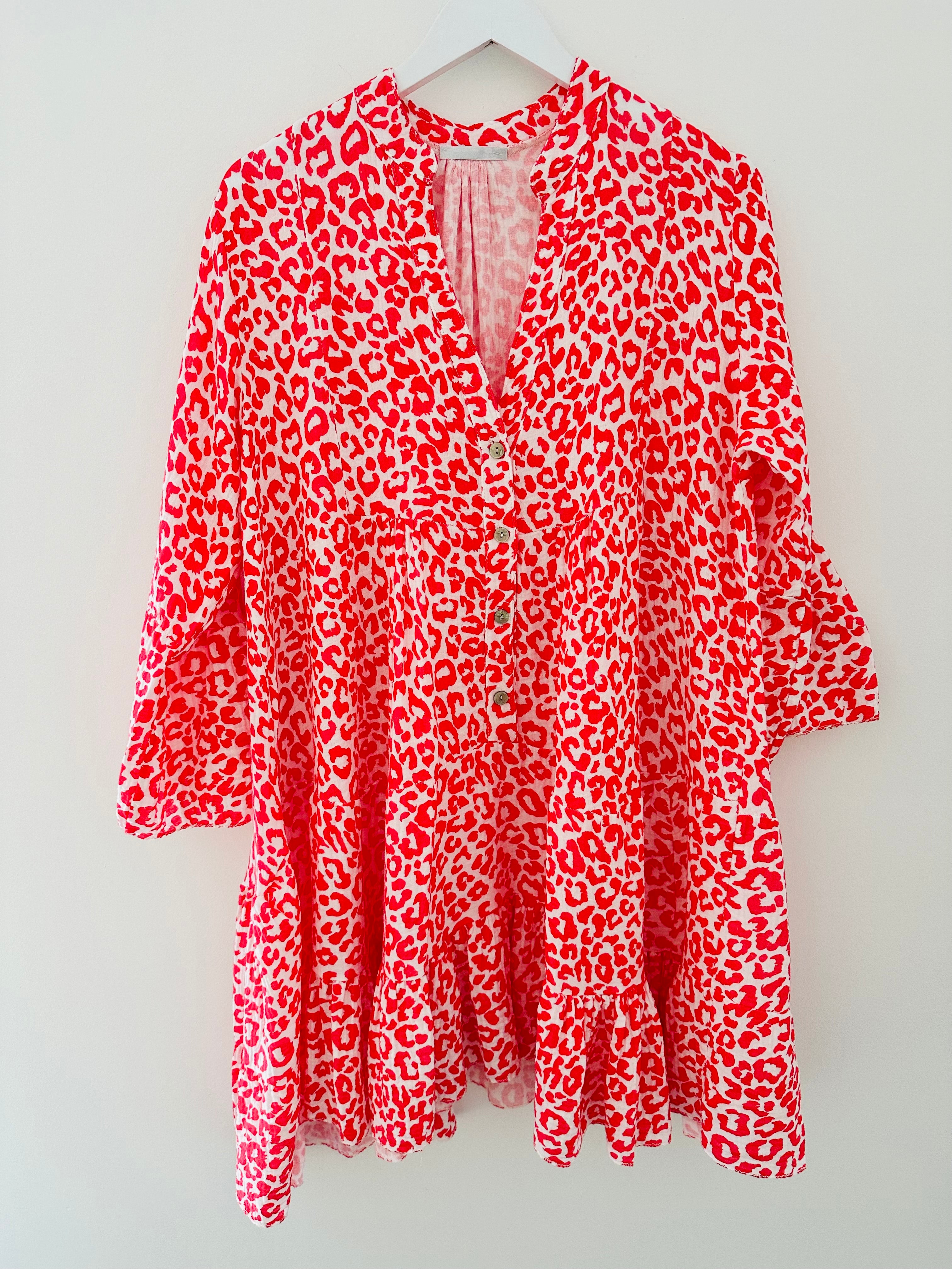 Cheesecloth Print Dress in Red & White