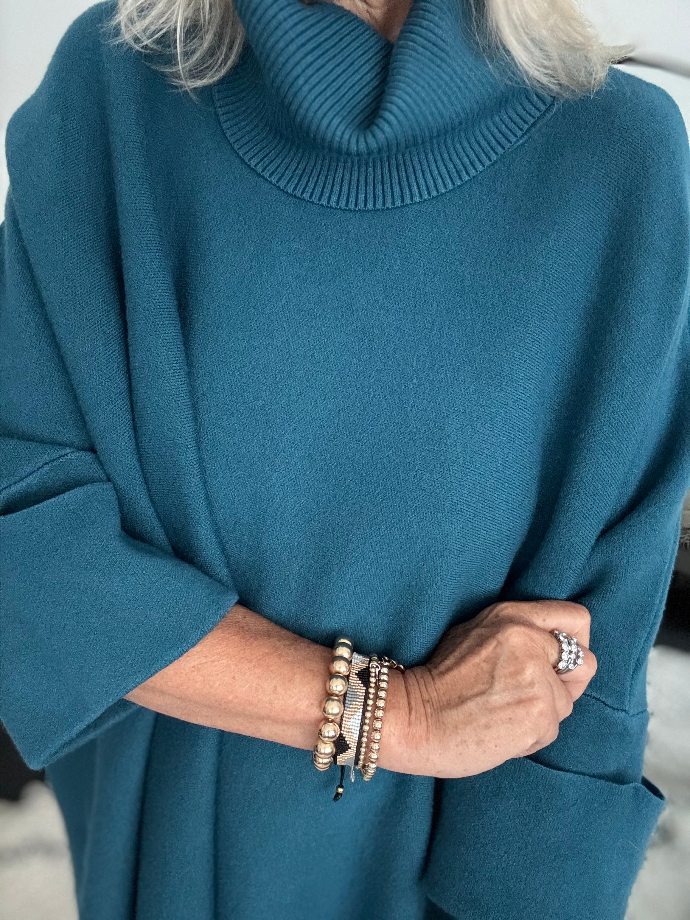 Oversized Roll Neck Poncho Jumper in Teal