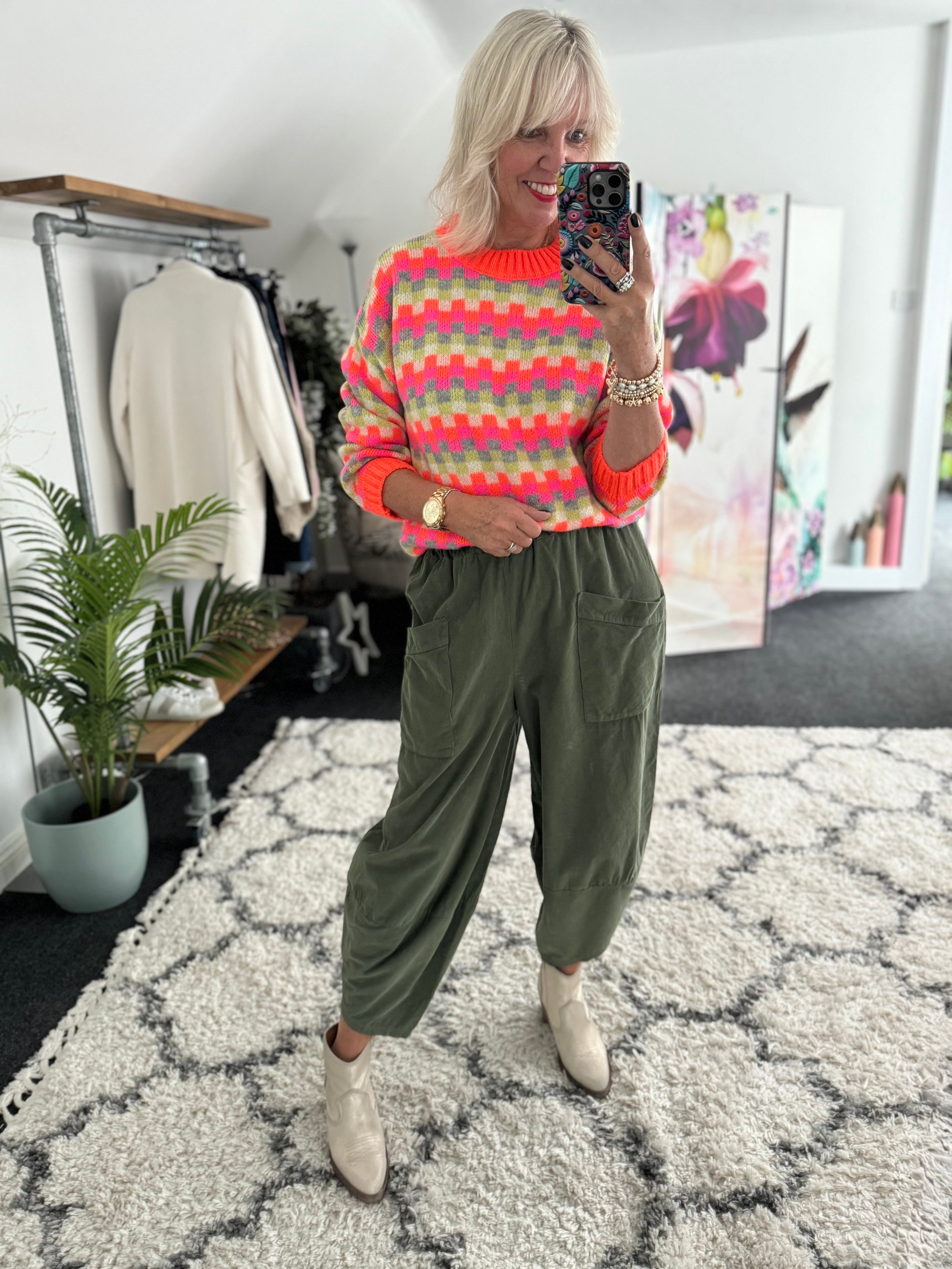 Cord Barrel Leg Trousers in Khaki