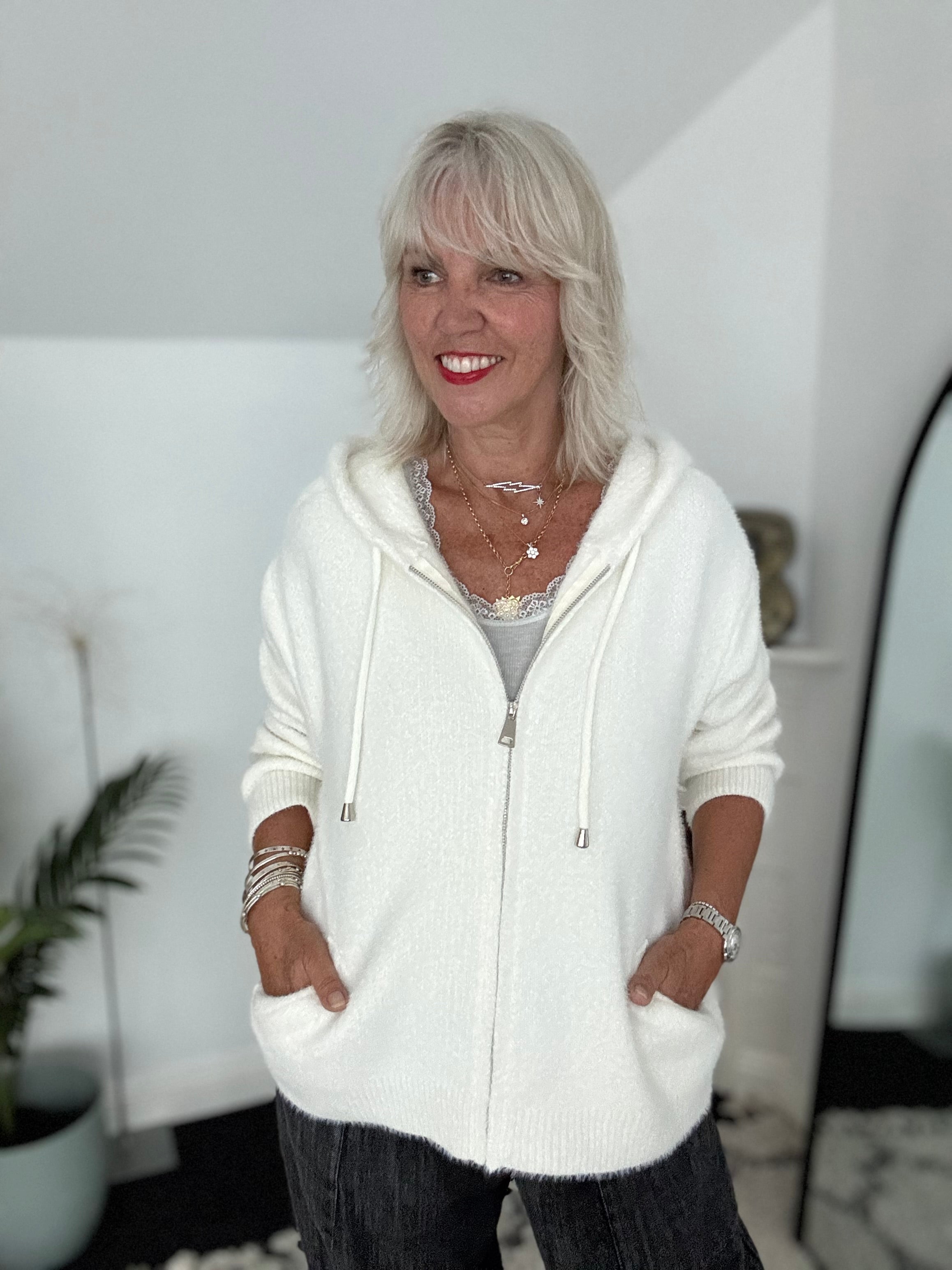 Soft Hooded Knit with Pockets in Ivory