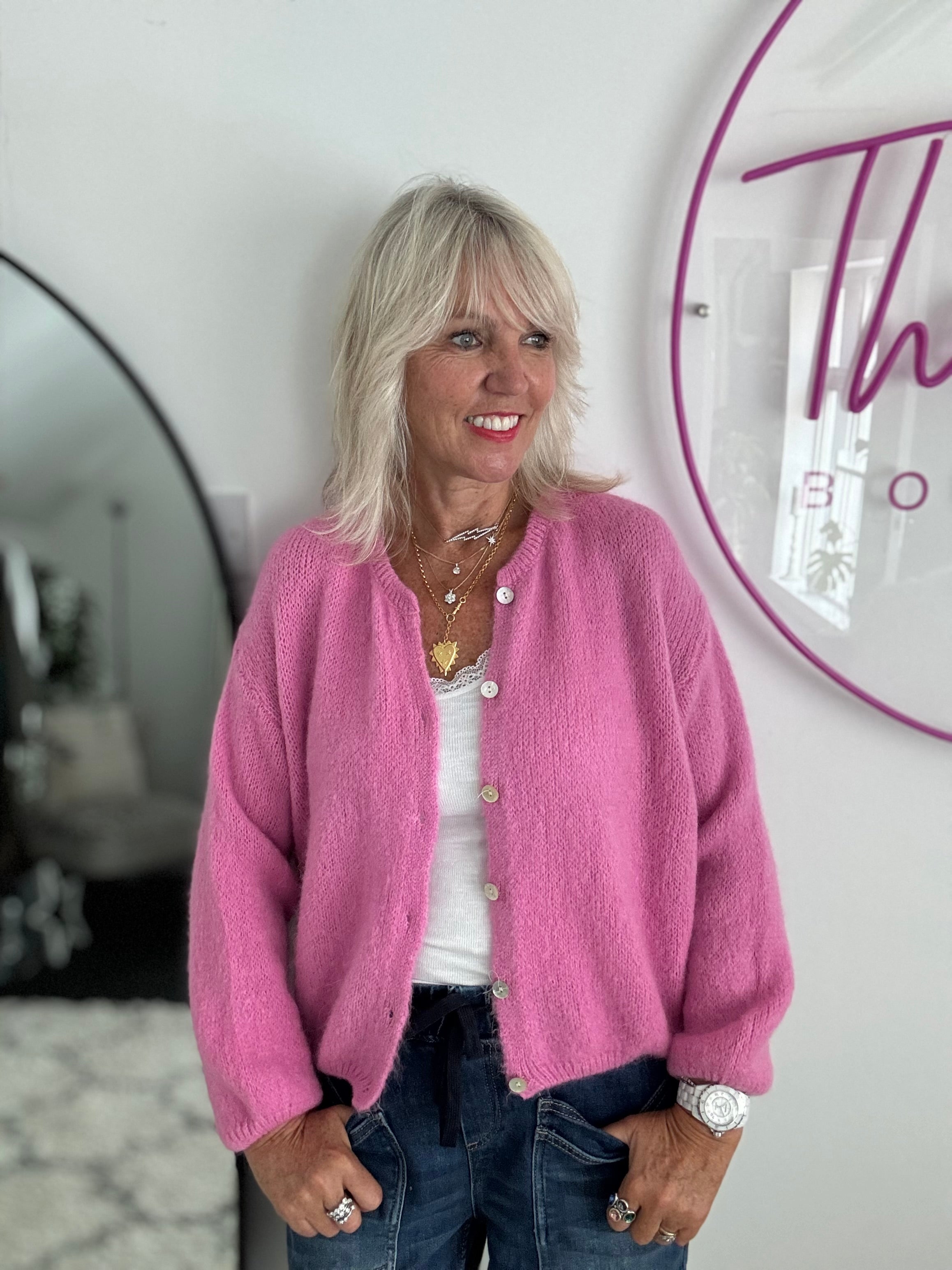 Mohair Buttoned Cardi in Candy Pink