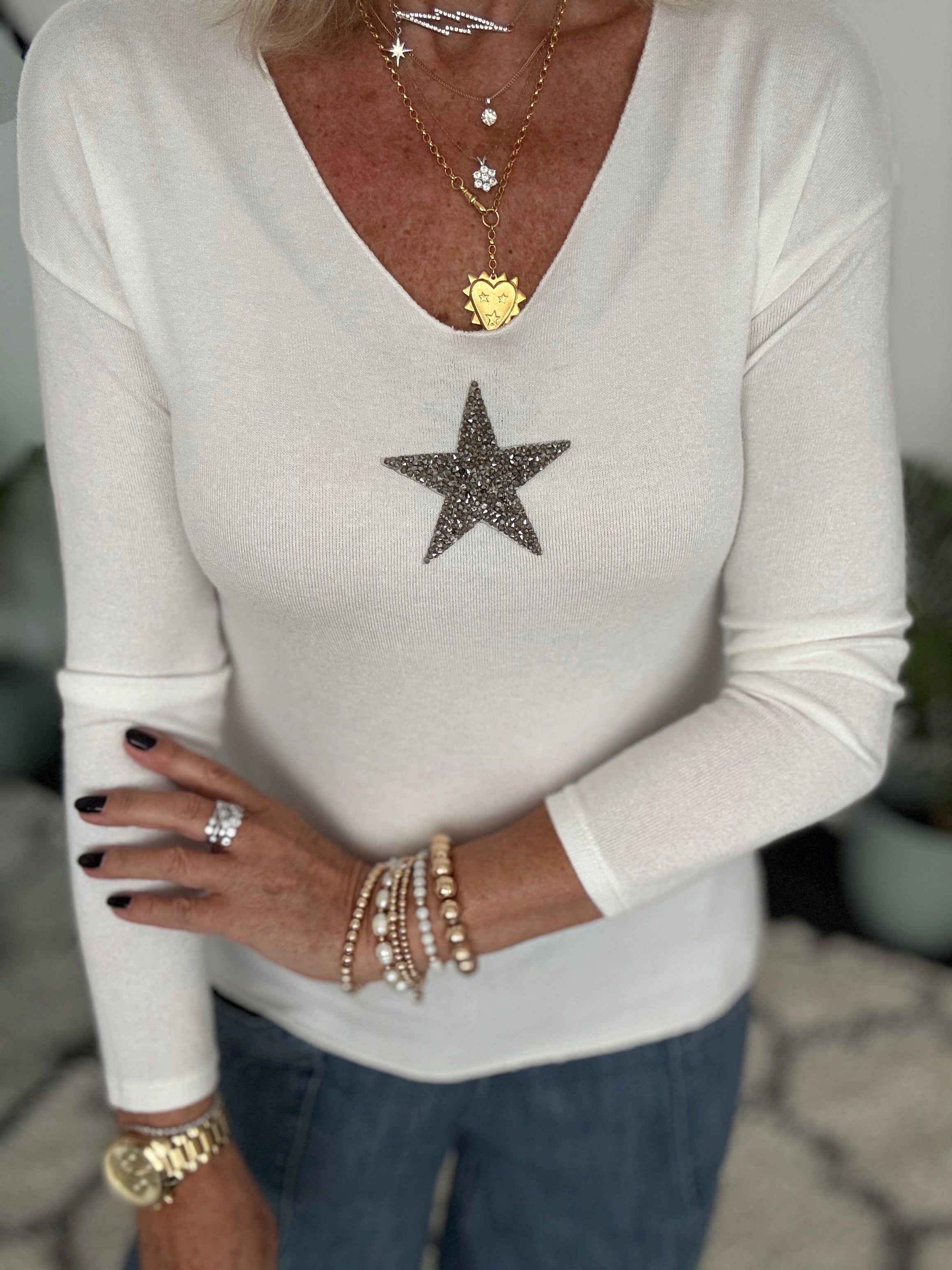 Slimfit Glitter Star Jumper in Ivory