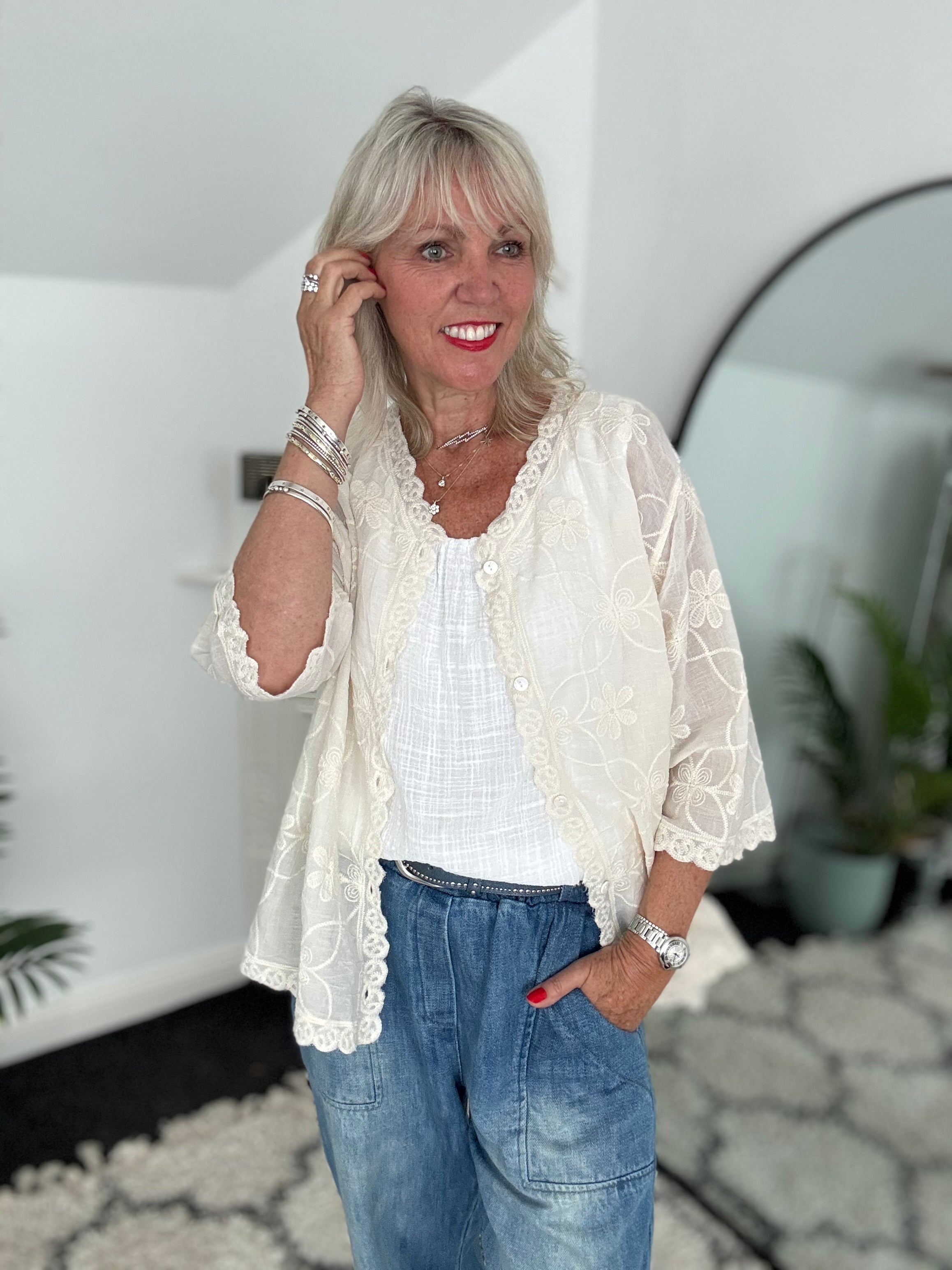 Buttoned Lace Top in Ecru