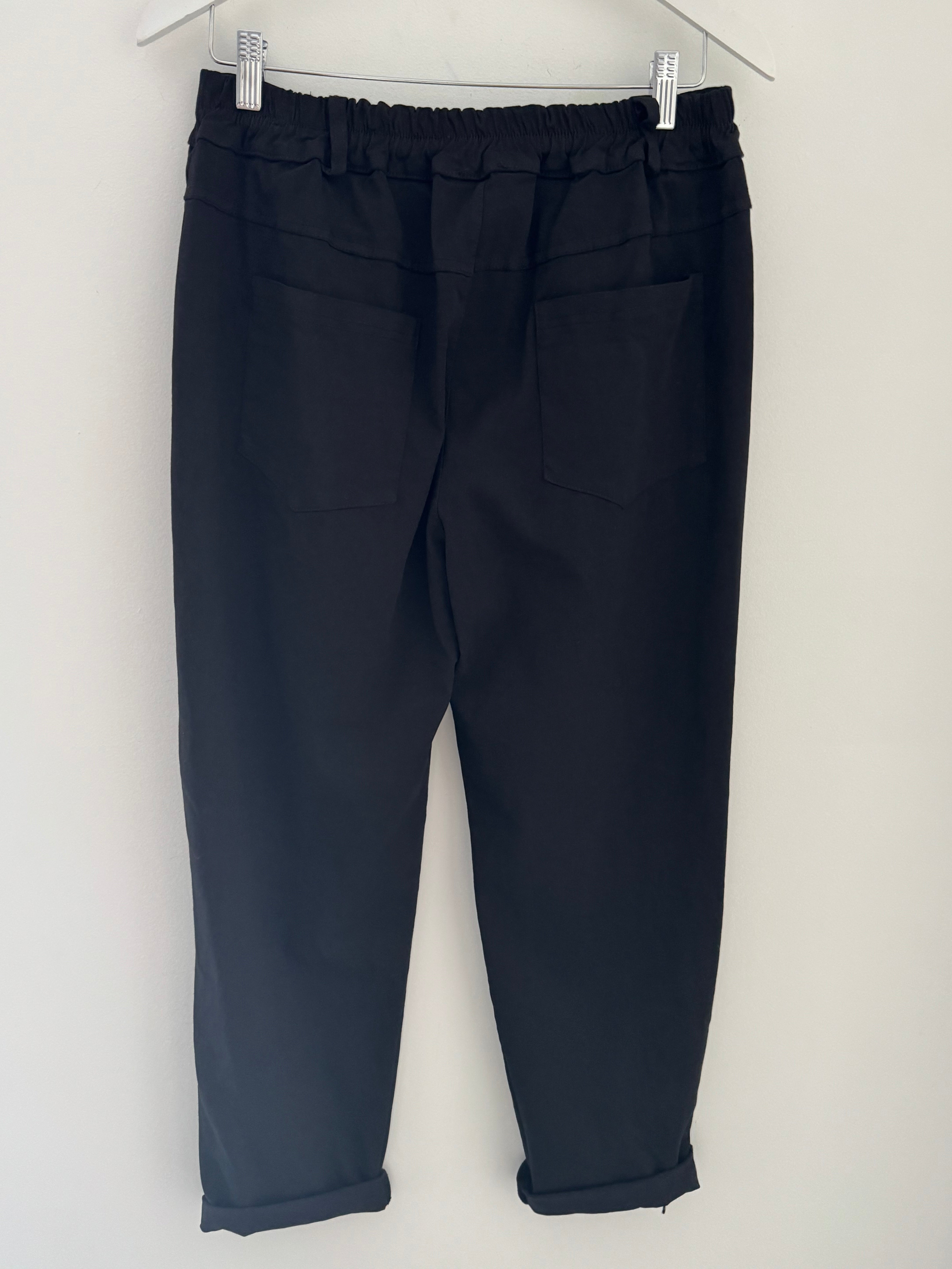 Luxe Stretch Trousers with Ruffle Pocket in Black
