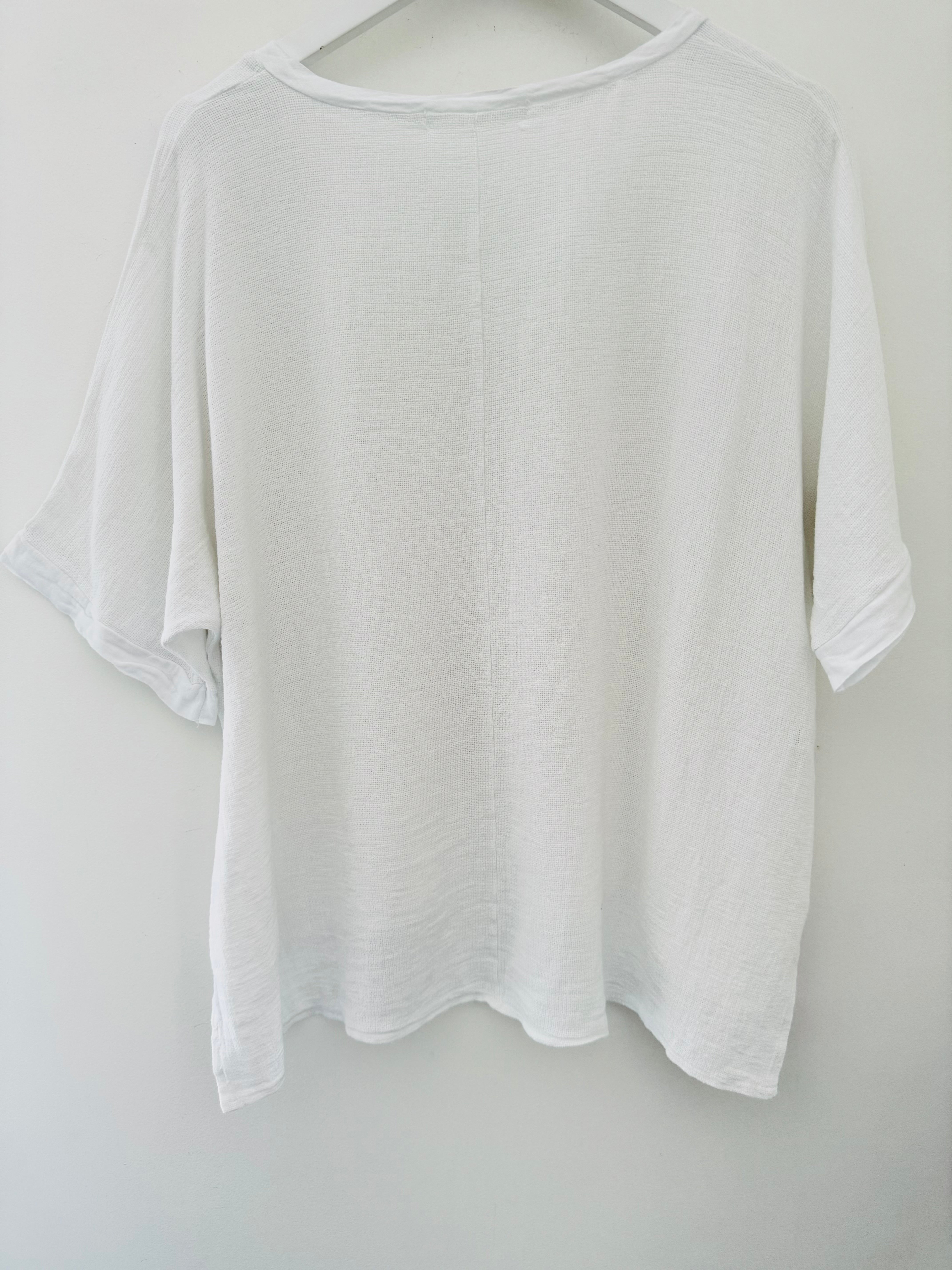 Linen & Cotton V Neck Top in White