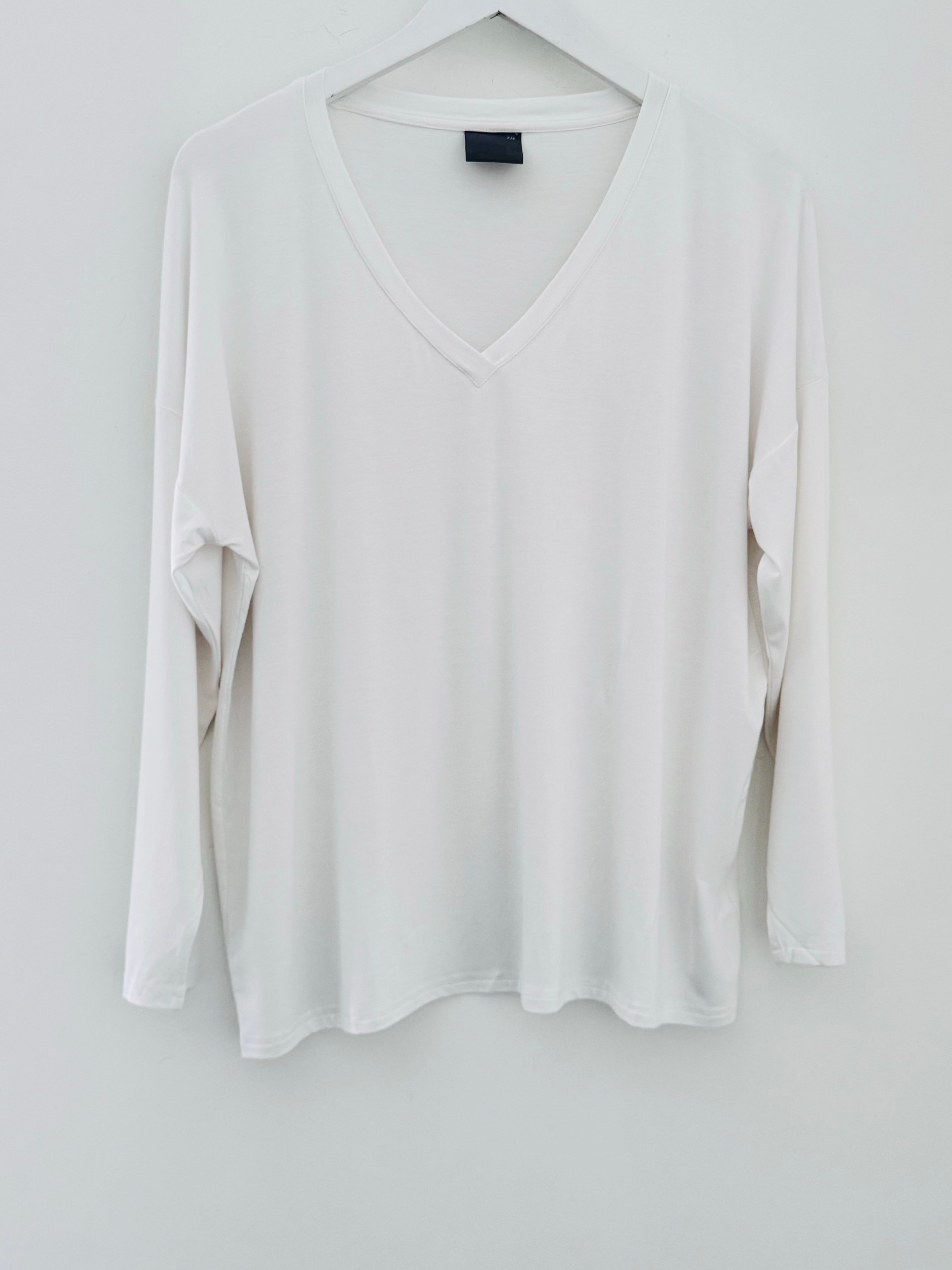 Bamboo Jersey V Neck Top in White