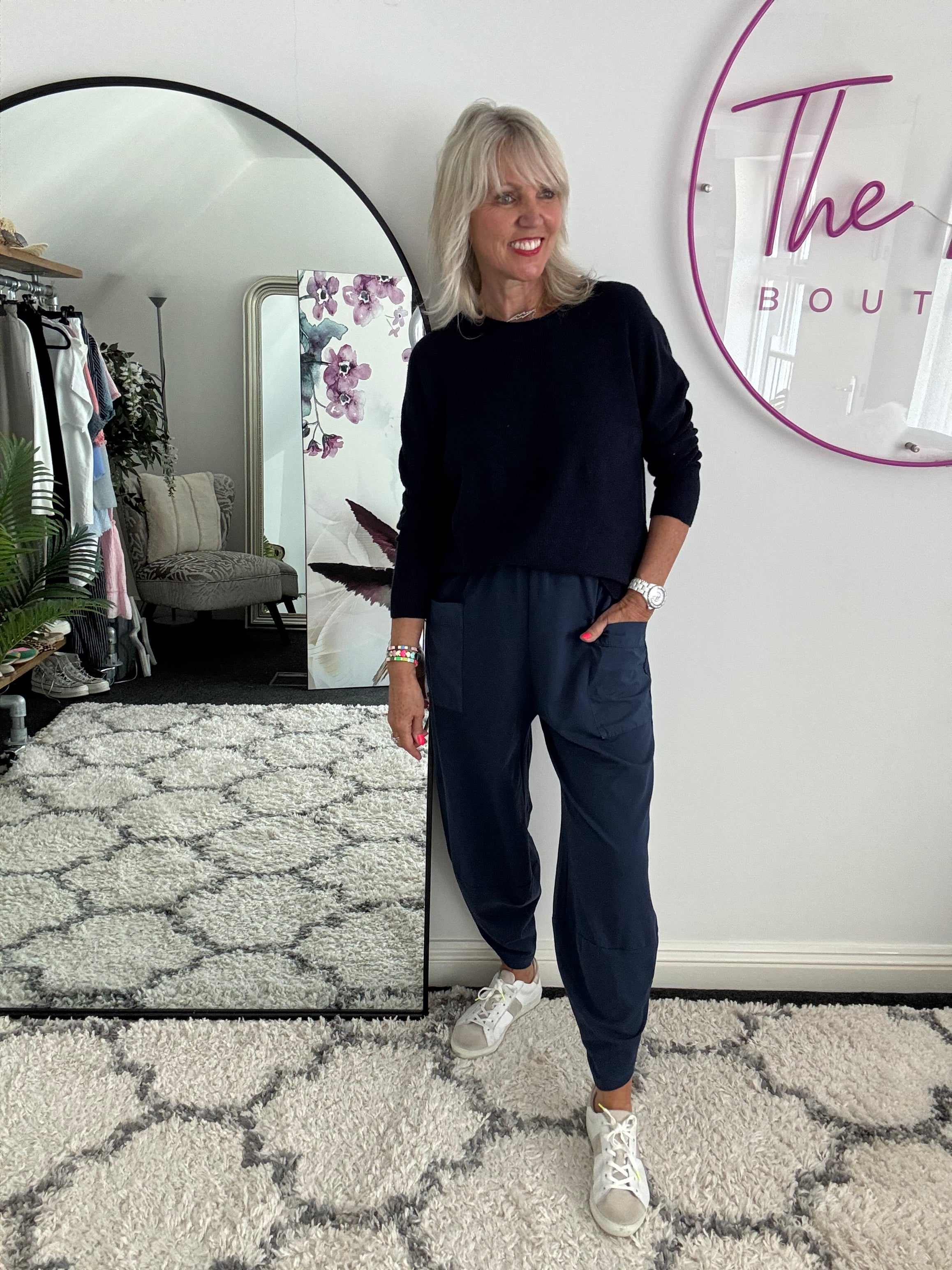 Barrel Shape Cotton Jersey Trousers in Navy