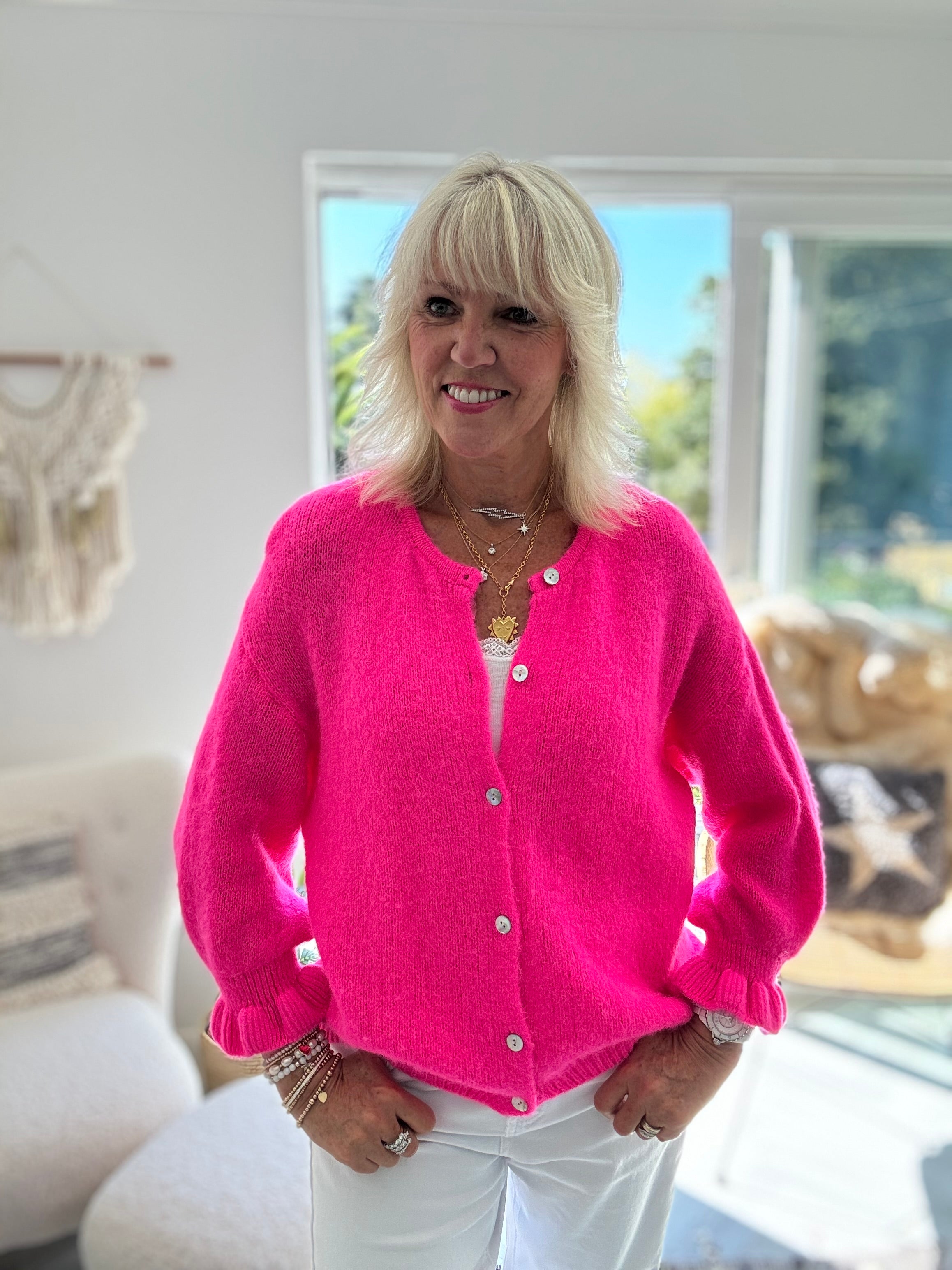 Alpaca Cardi with Frill Cuffs in Neon Pink