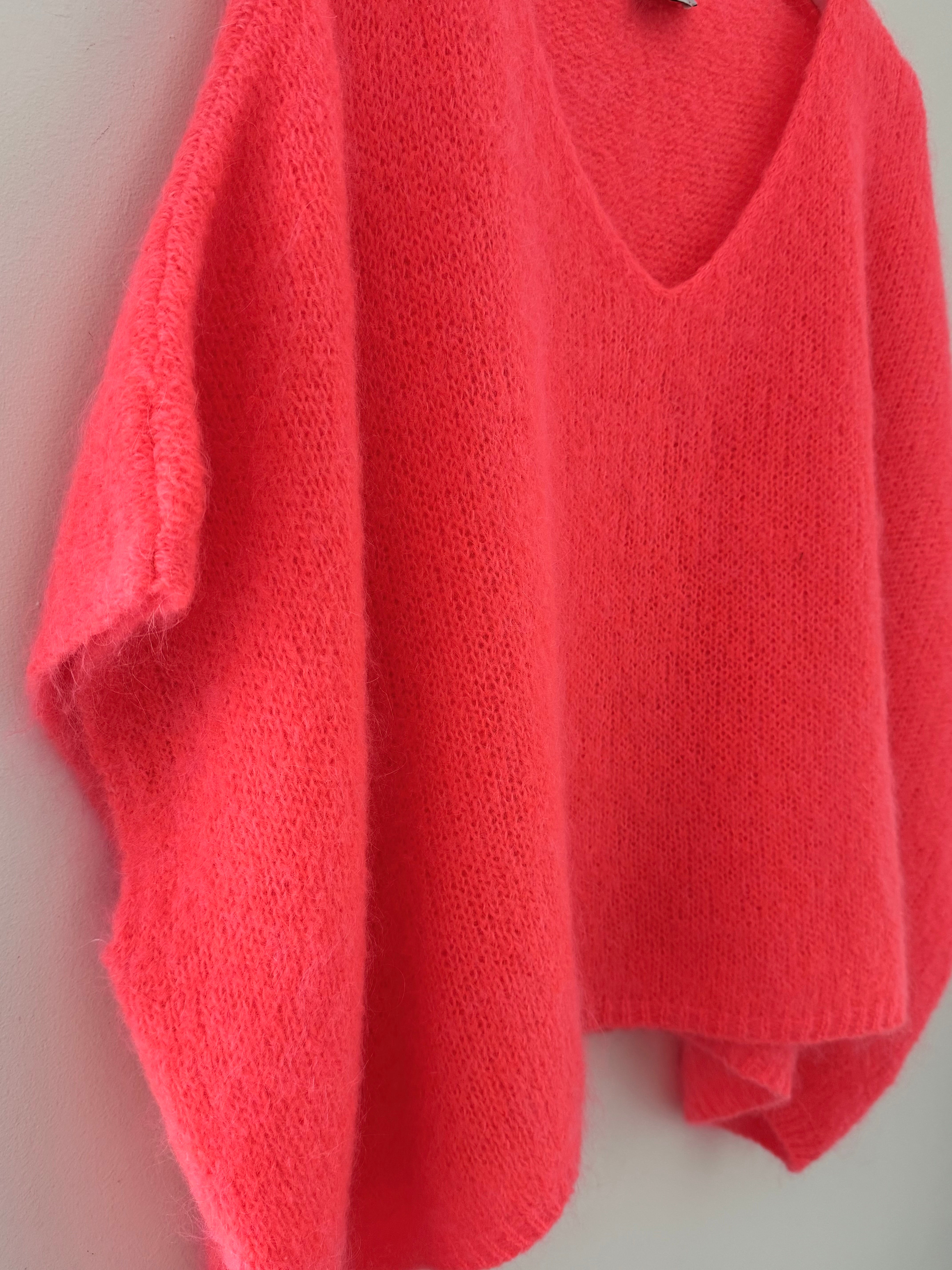 Oversized Mohair V Neck Tank in Neon Coral