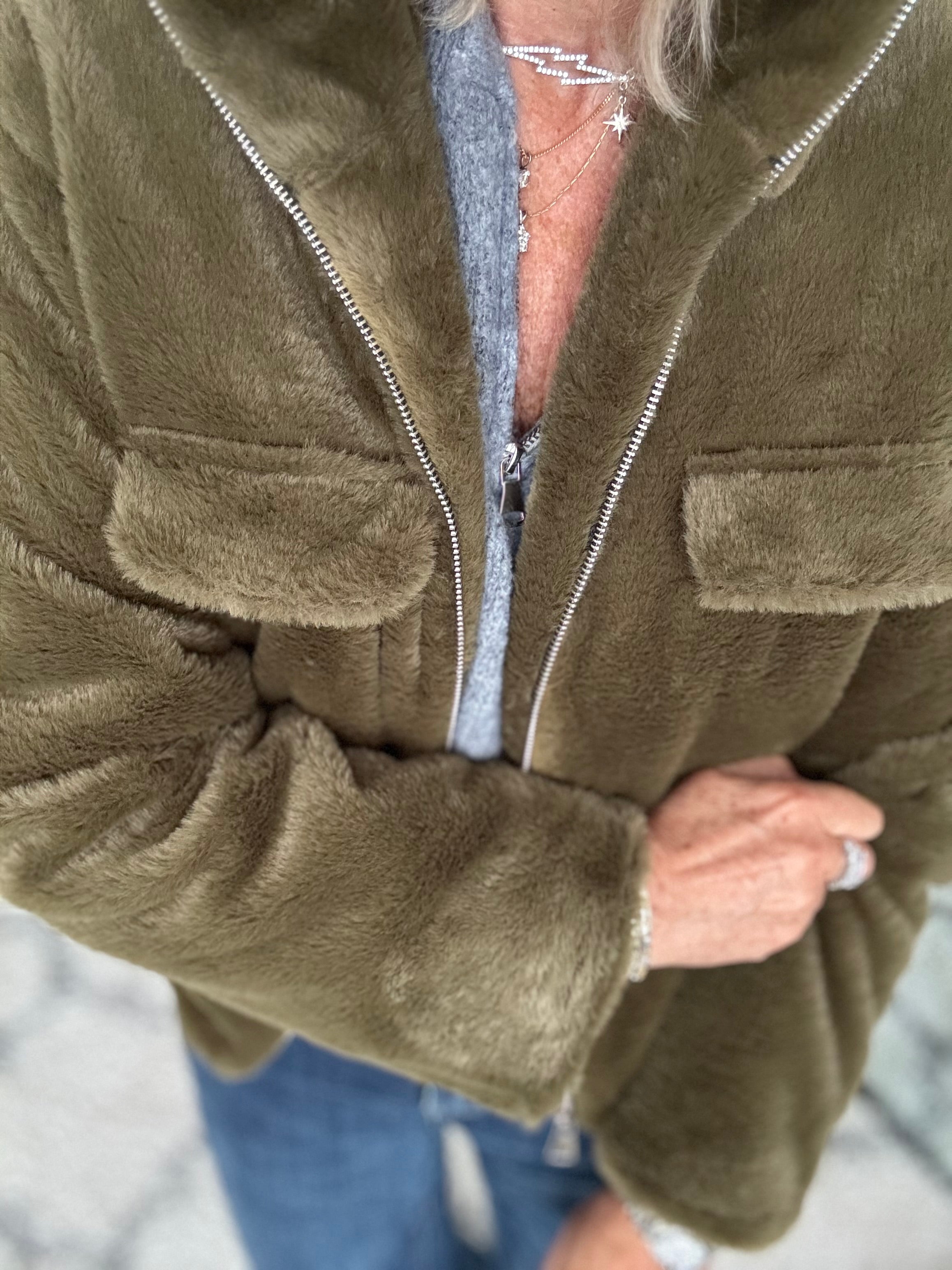 Faux Fur Jacket in Khaki