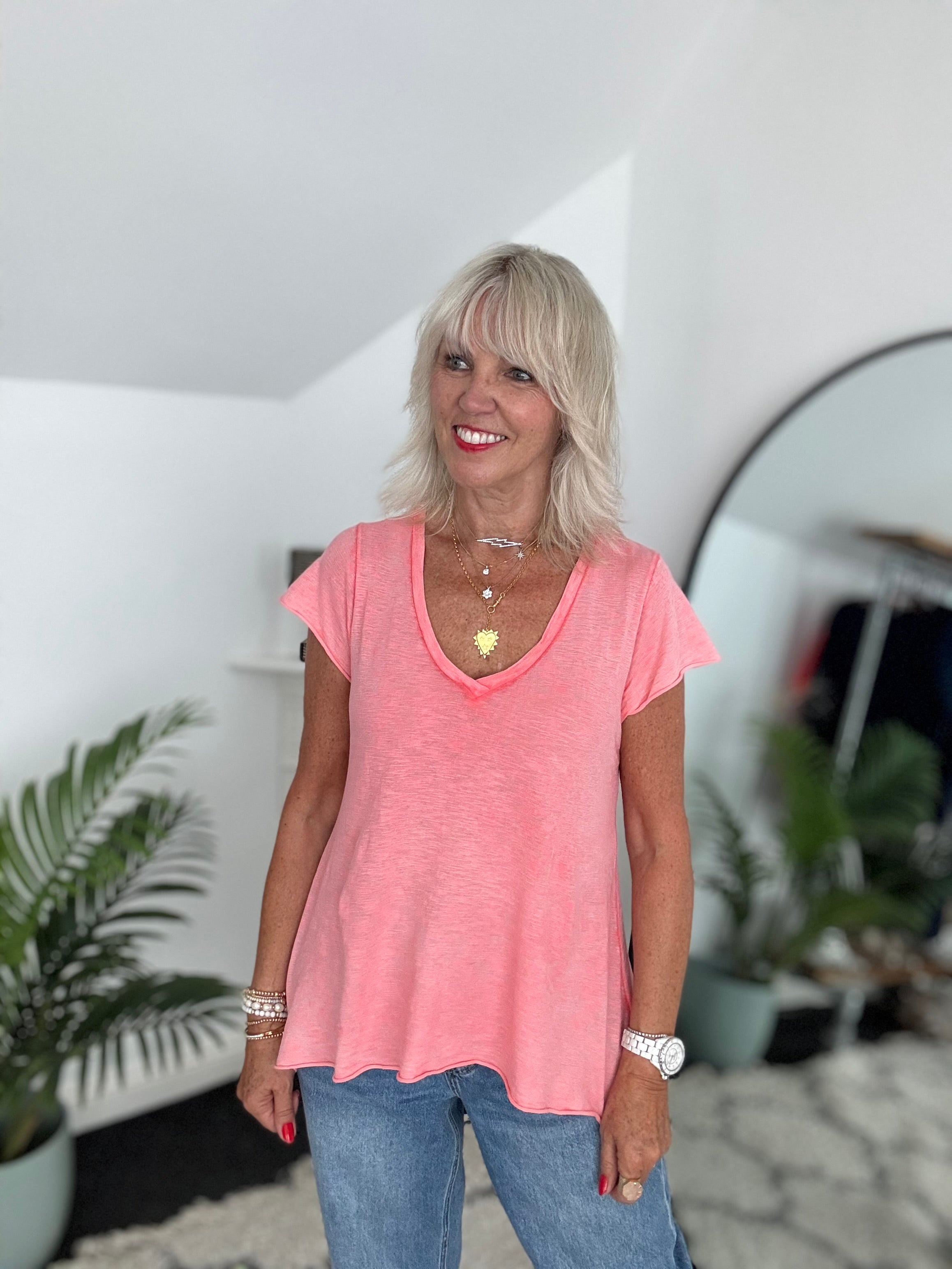 Luxe V Neck Tee in Coral
