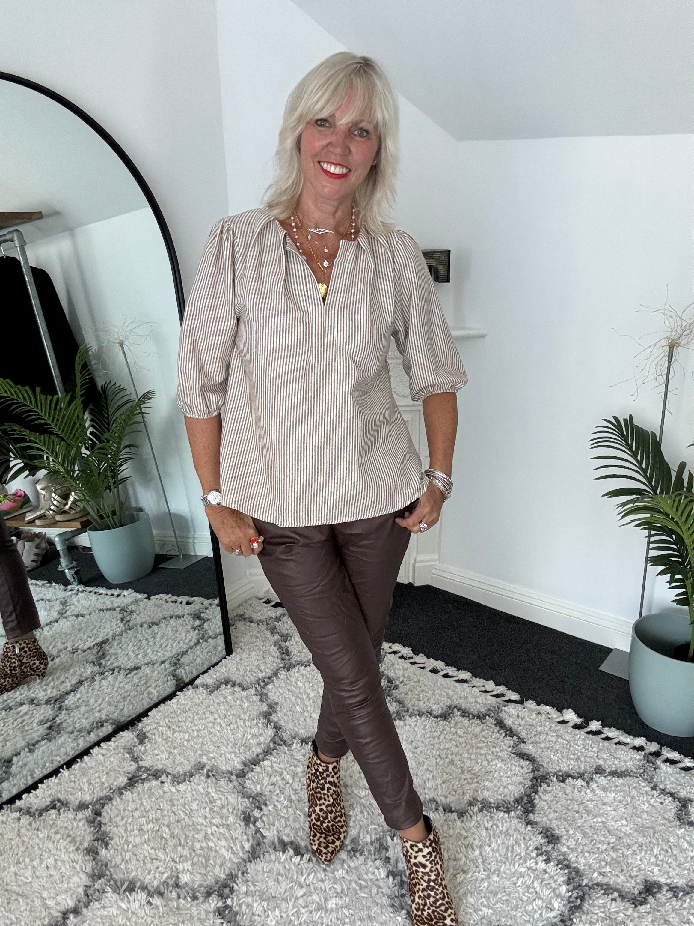 Brushed Cotton Stripe Blouse in Light Mocha