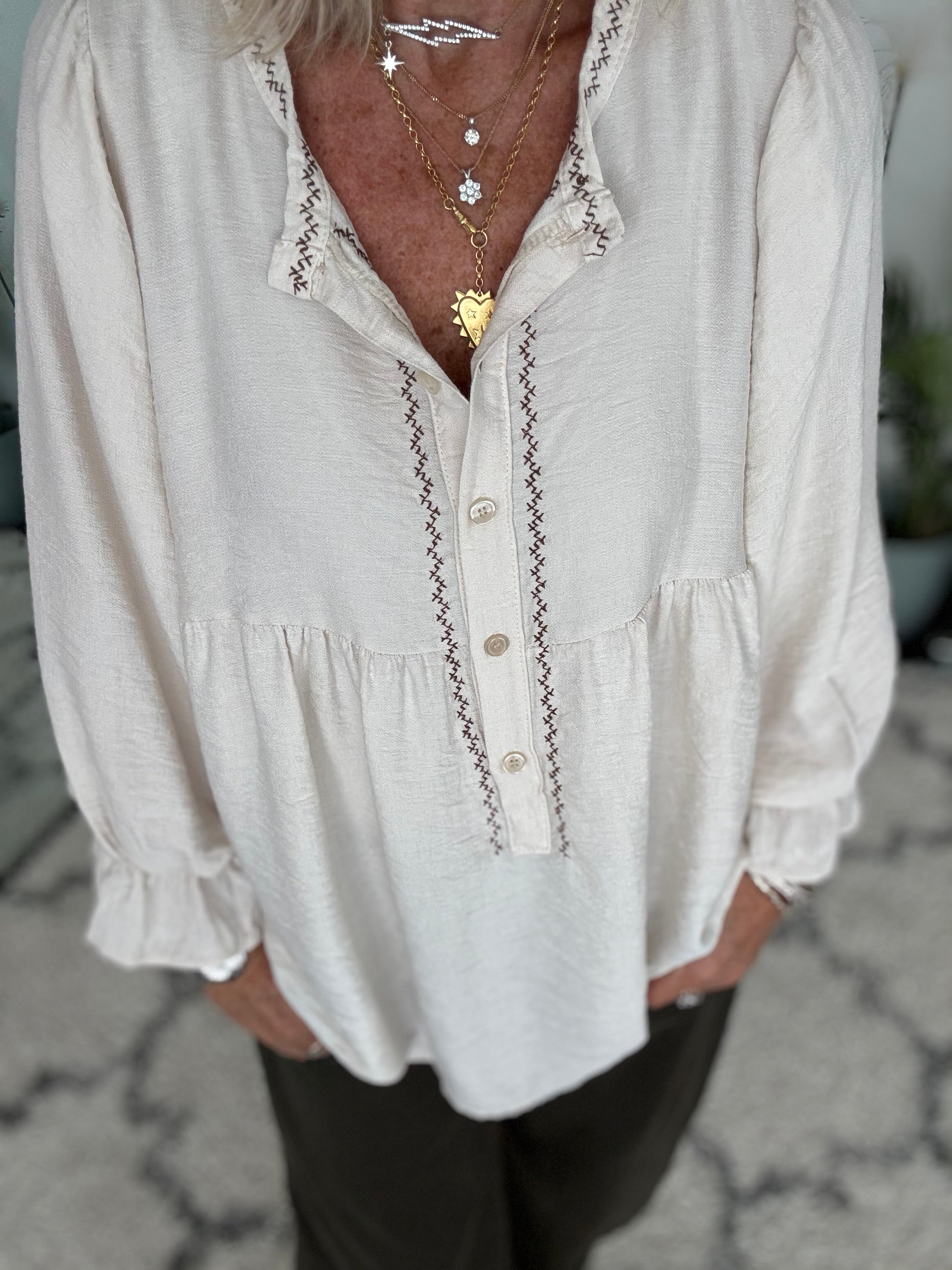 Luxe Blouse with Embroidery in Ecru