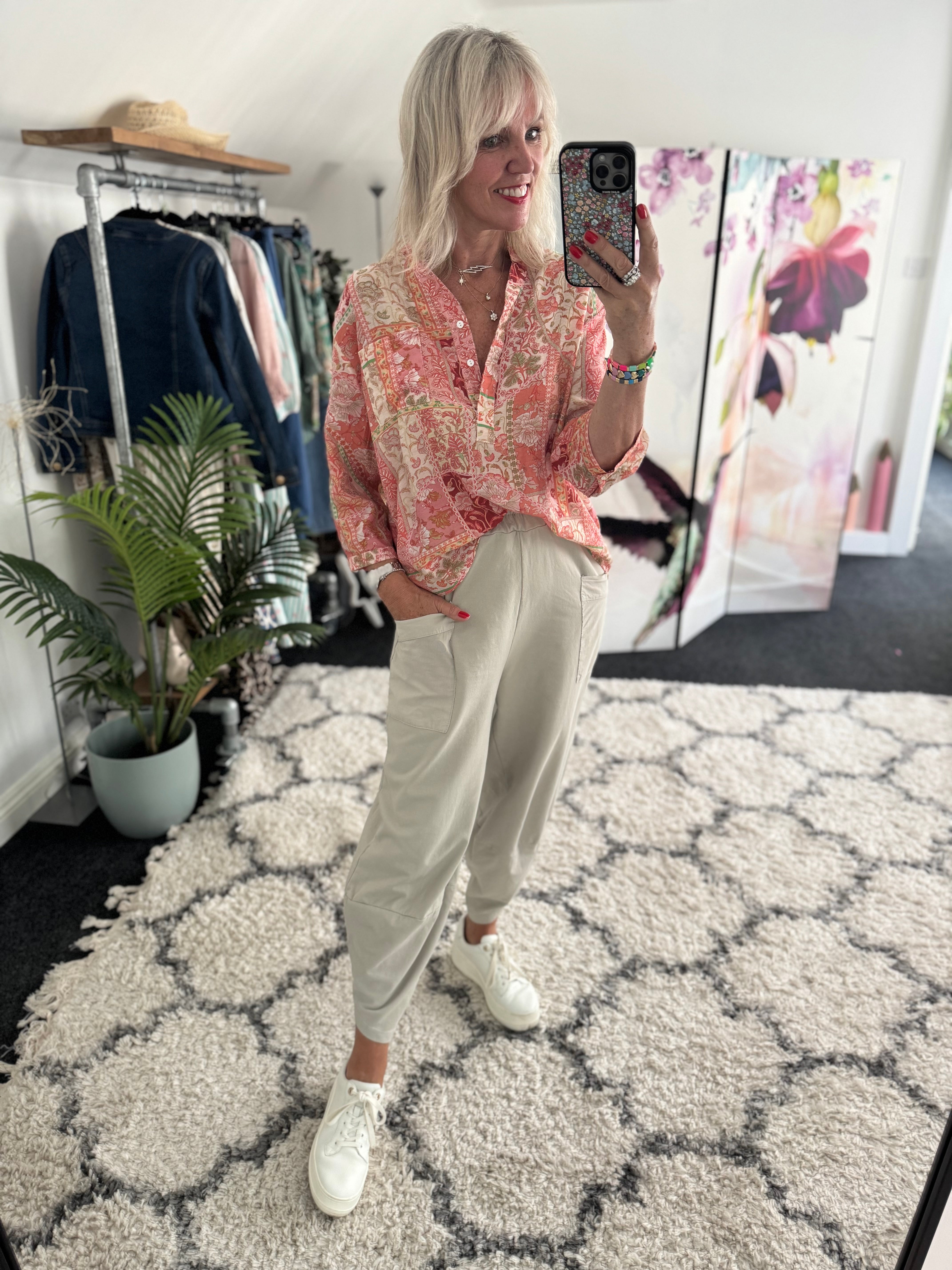 Barrel Shape Cotton Jersey Trousers in Stone