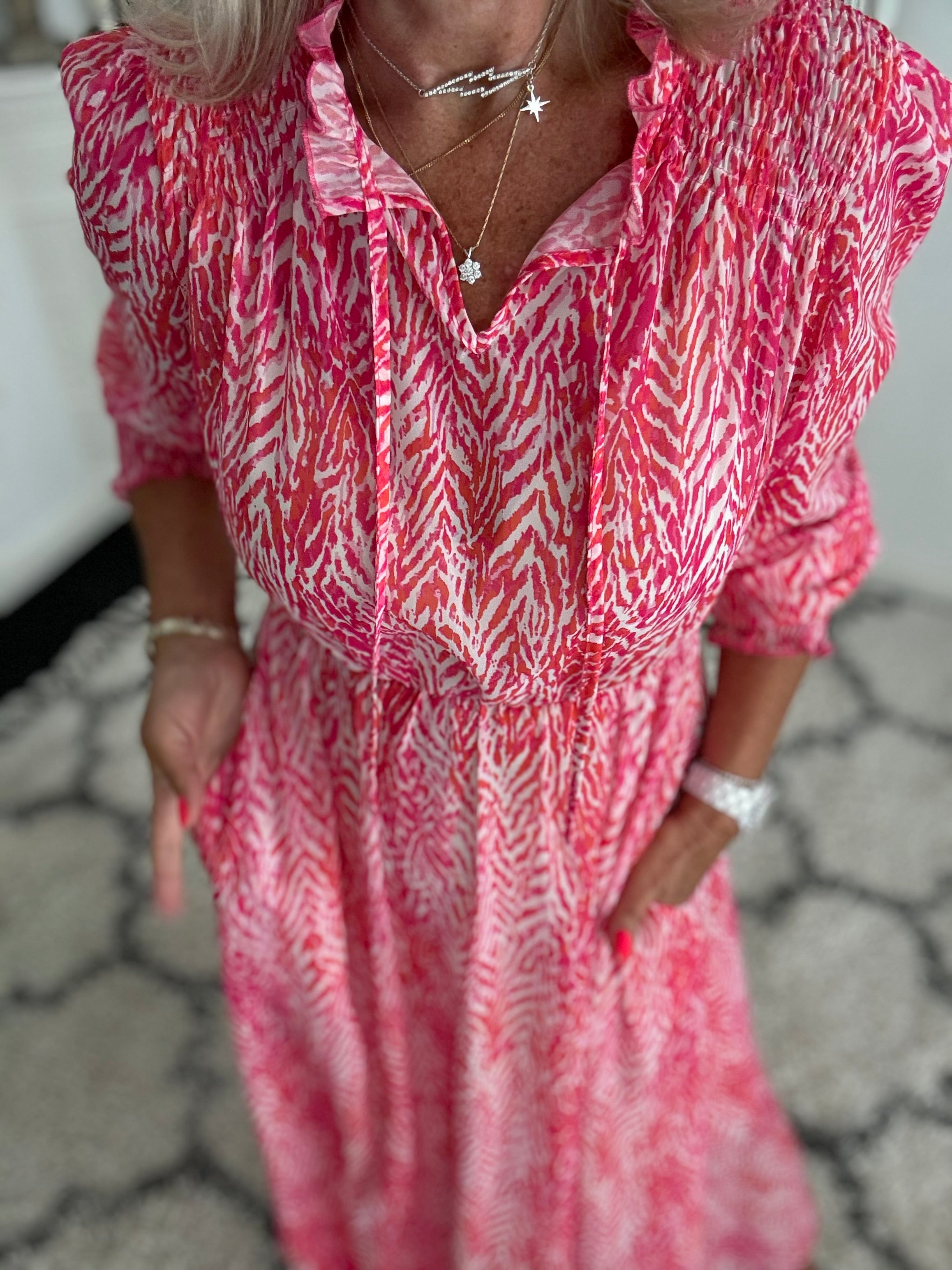 Chiffon Print Midi Dress in Pink The Meek Boutique