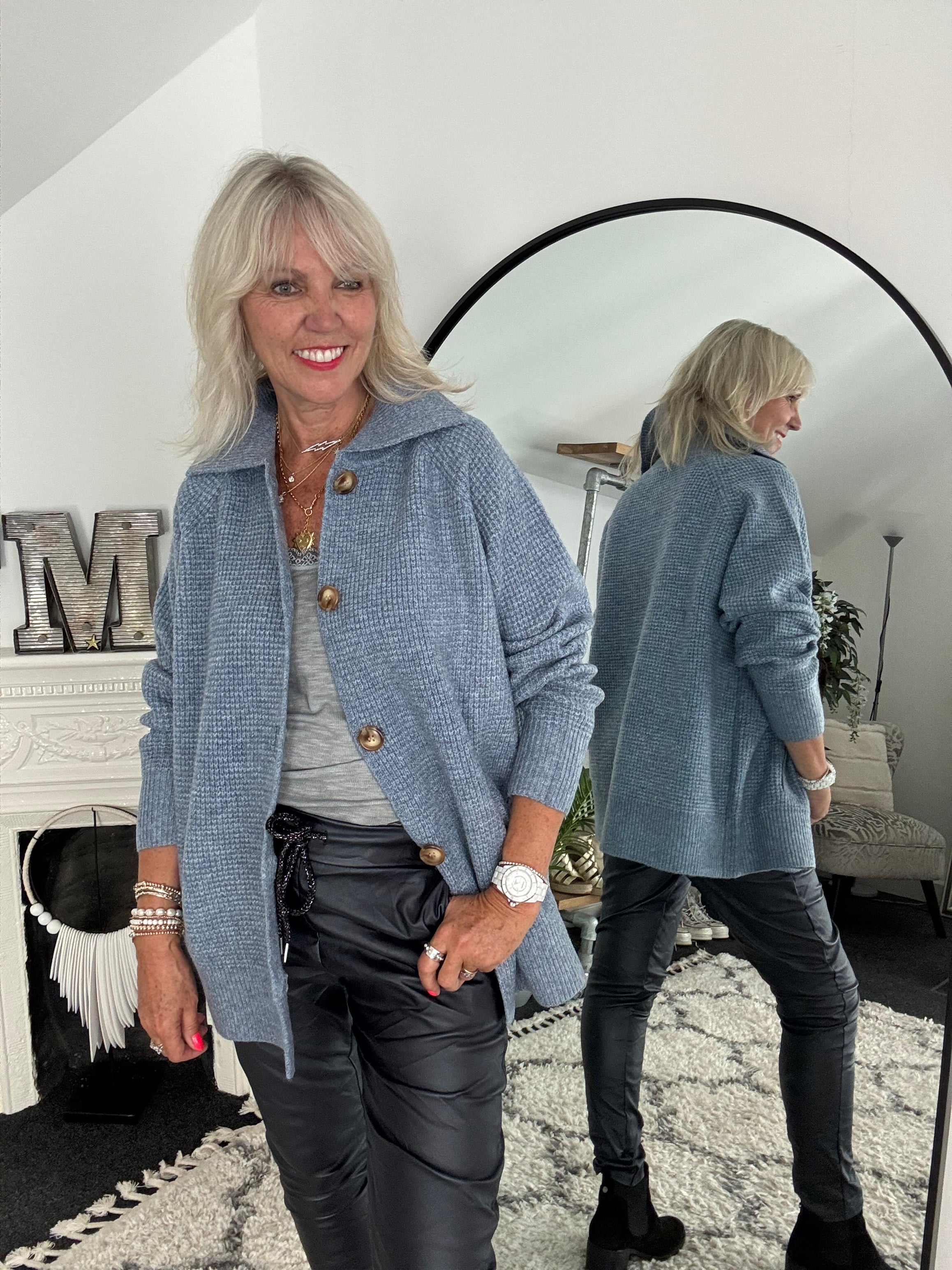 Fisherman Rib Knitted Jacket in Blue
