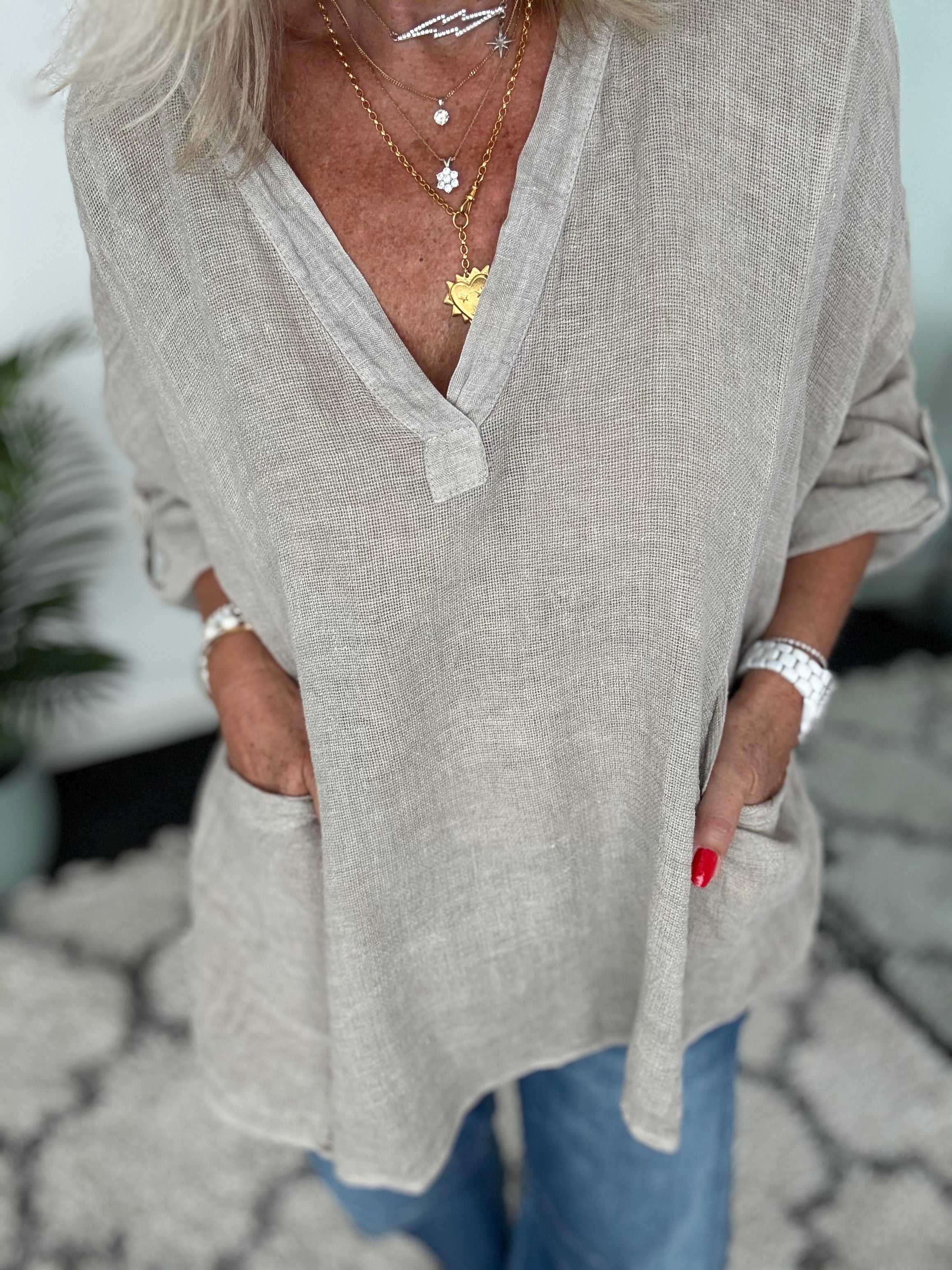 Oversized Linen & Cotton Pocket Top in Light Mocha