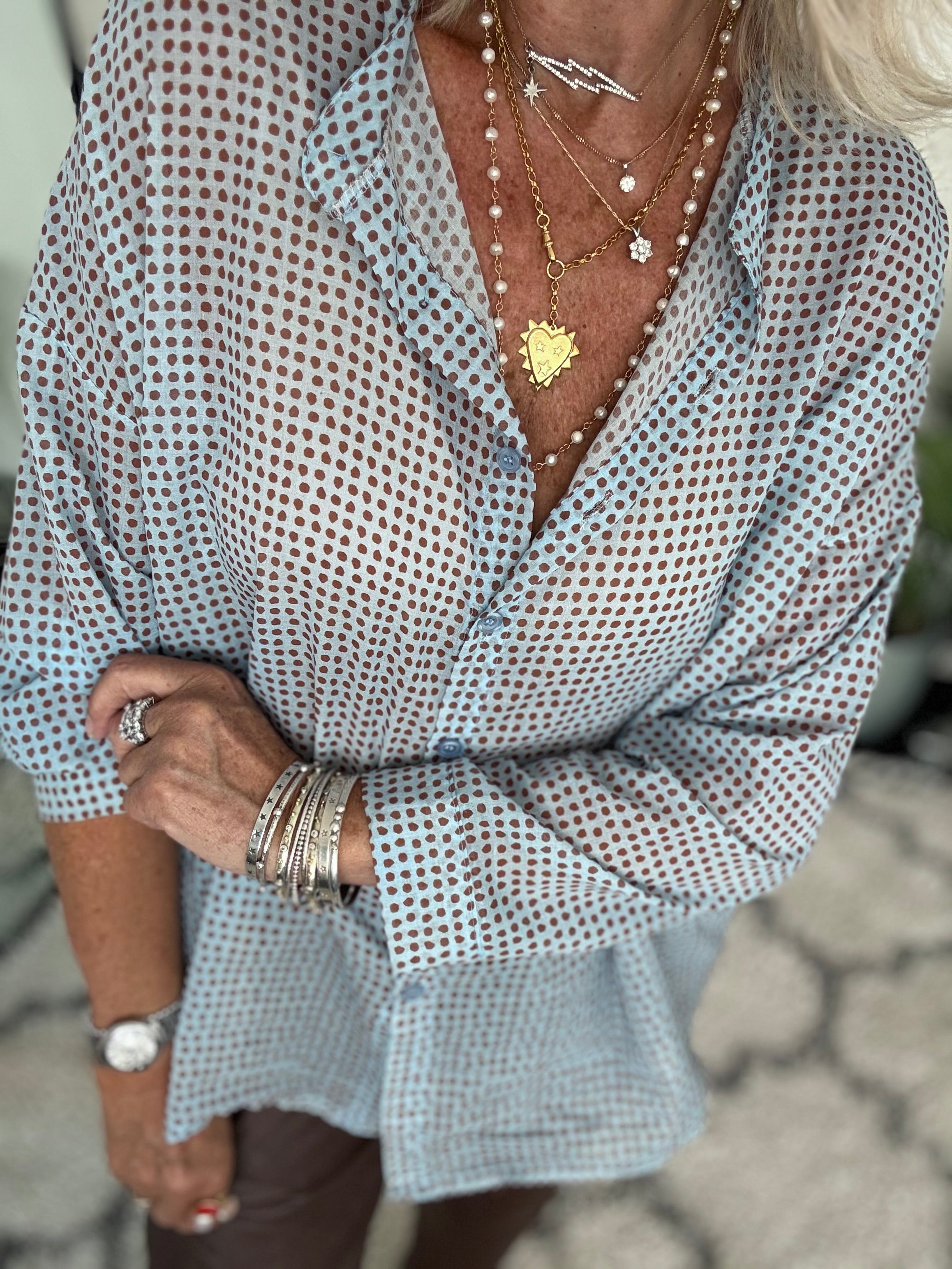 Lawn Cotton Dotty Shirt in Blue & Cocoa