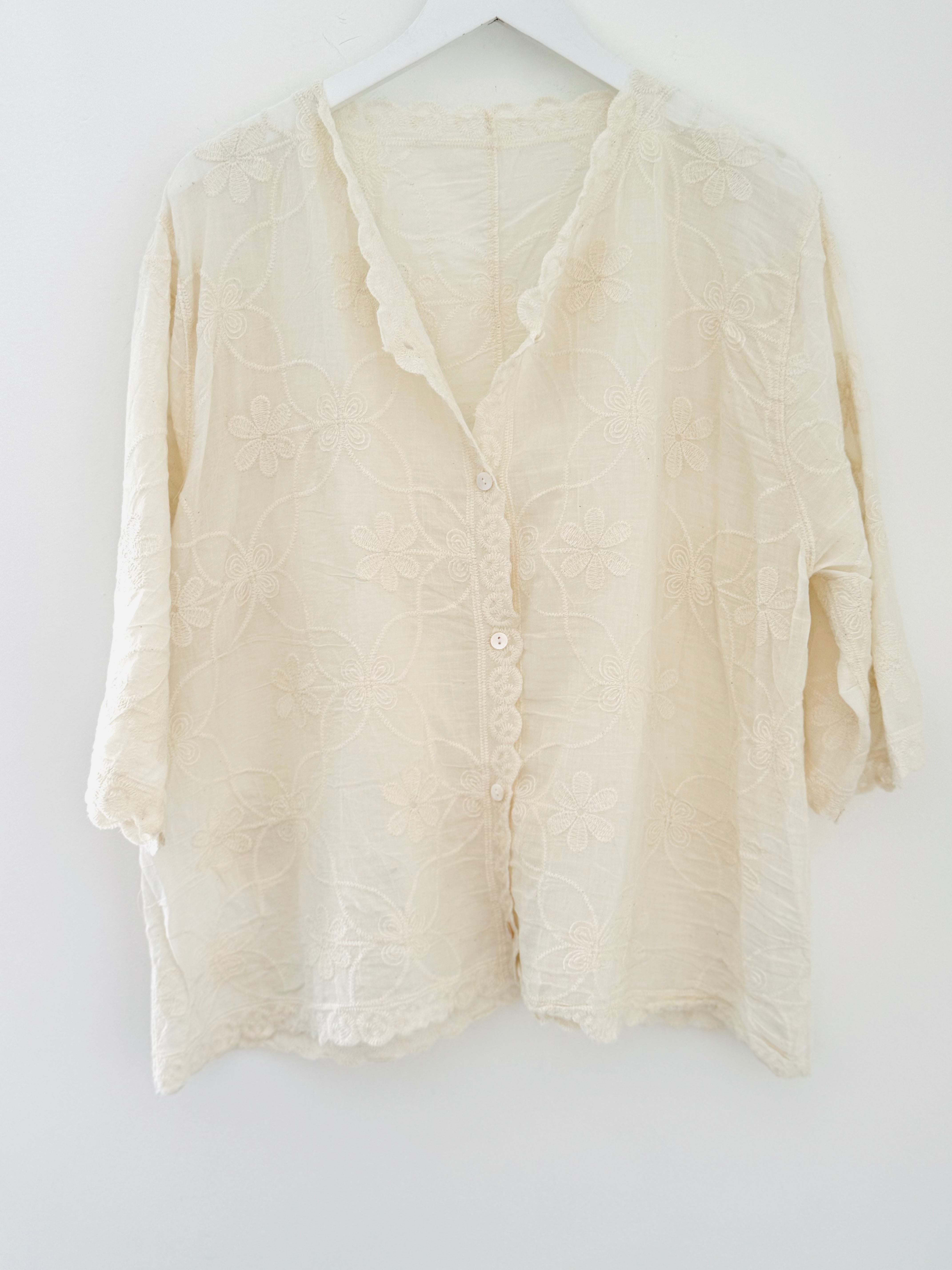 Buttoned Lace Top in Ecru