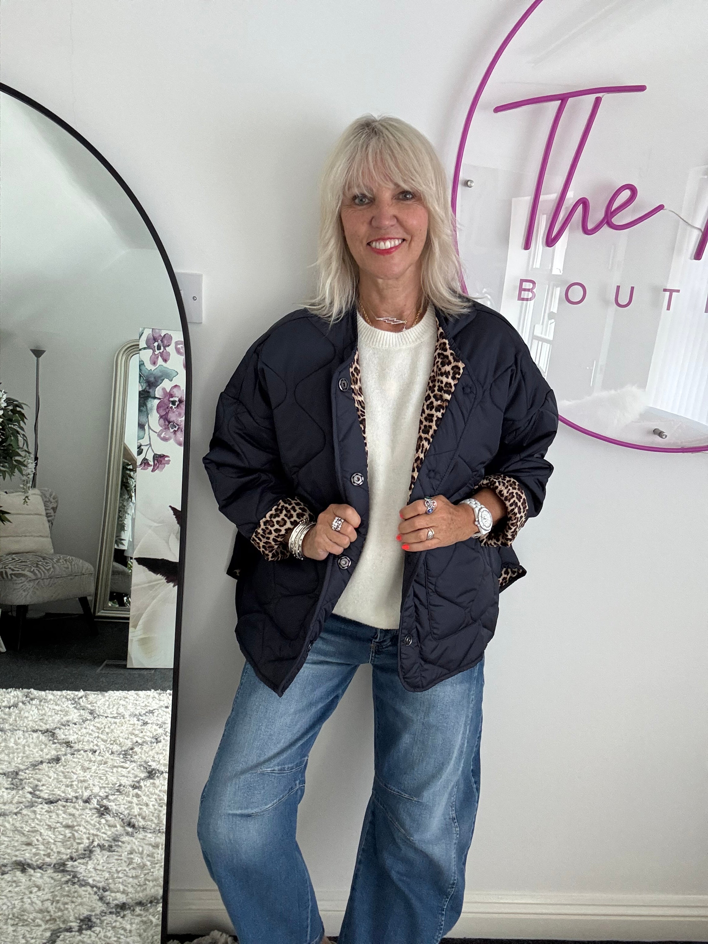 Reversible Quilted Jacket in Navy & Leopard