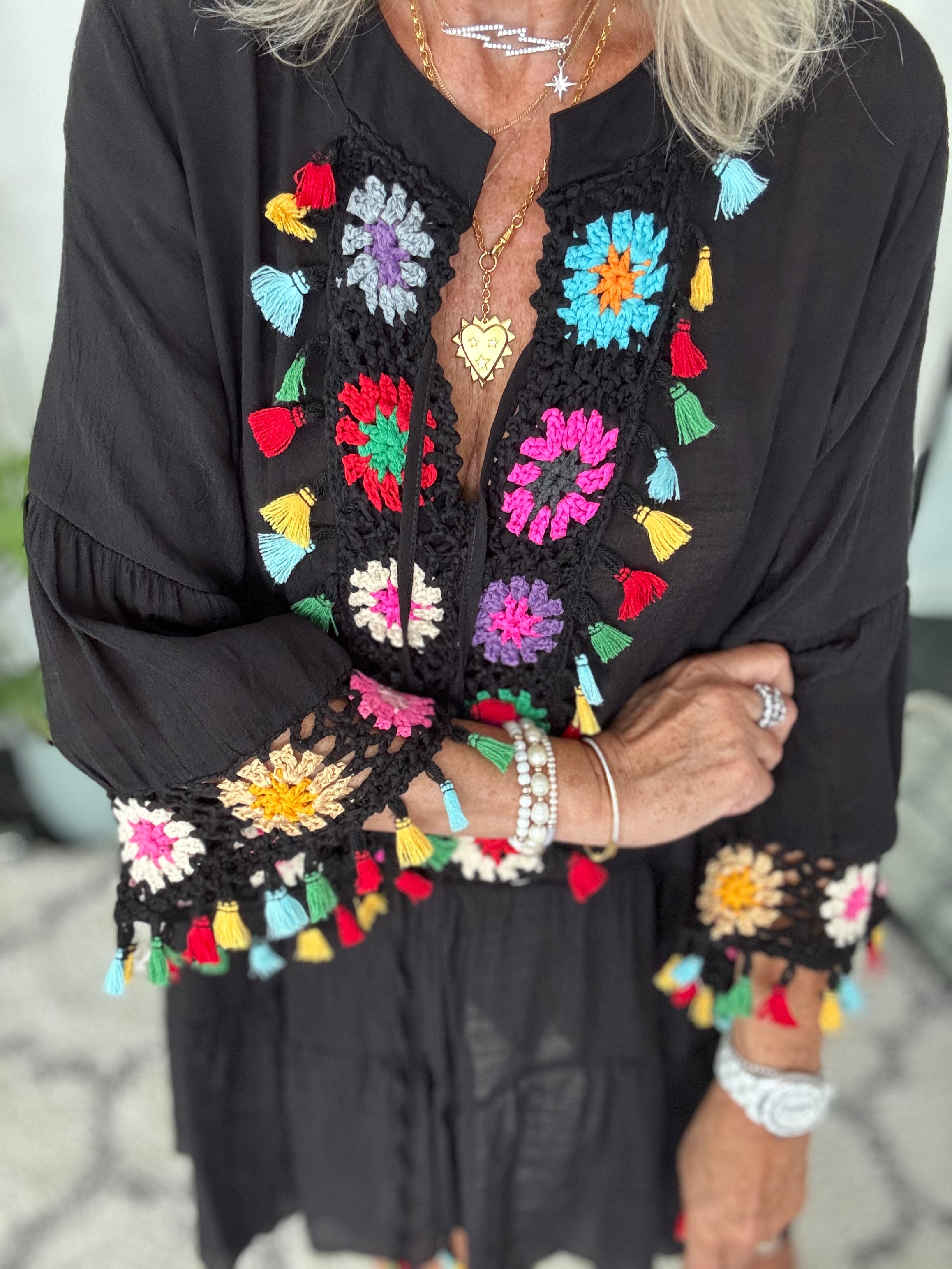 Cotton Mix Sundress with Crochet Detail in Black