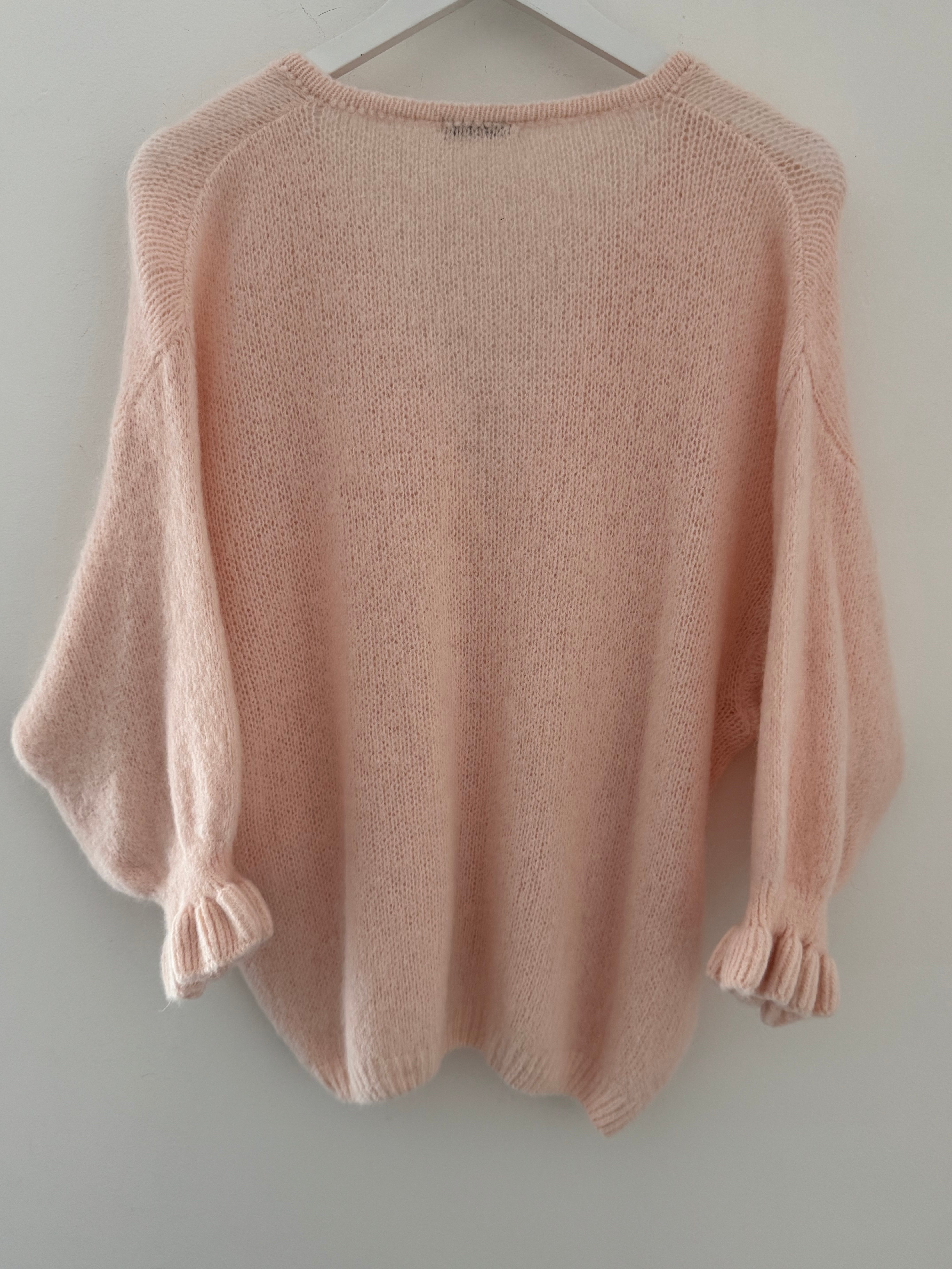 Alpaca Cardi with Frill Cuffs in Shell Pink