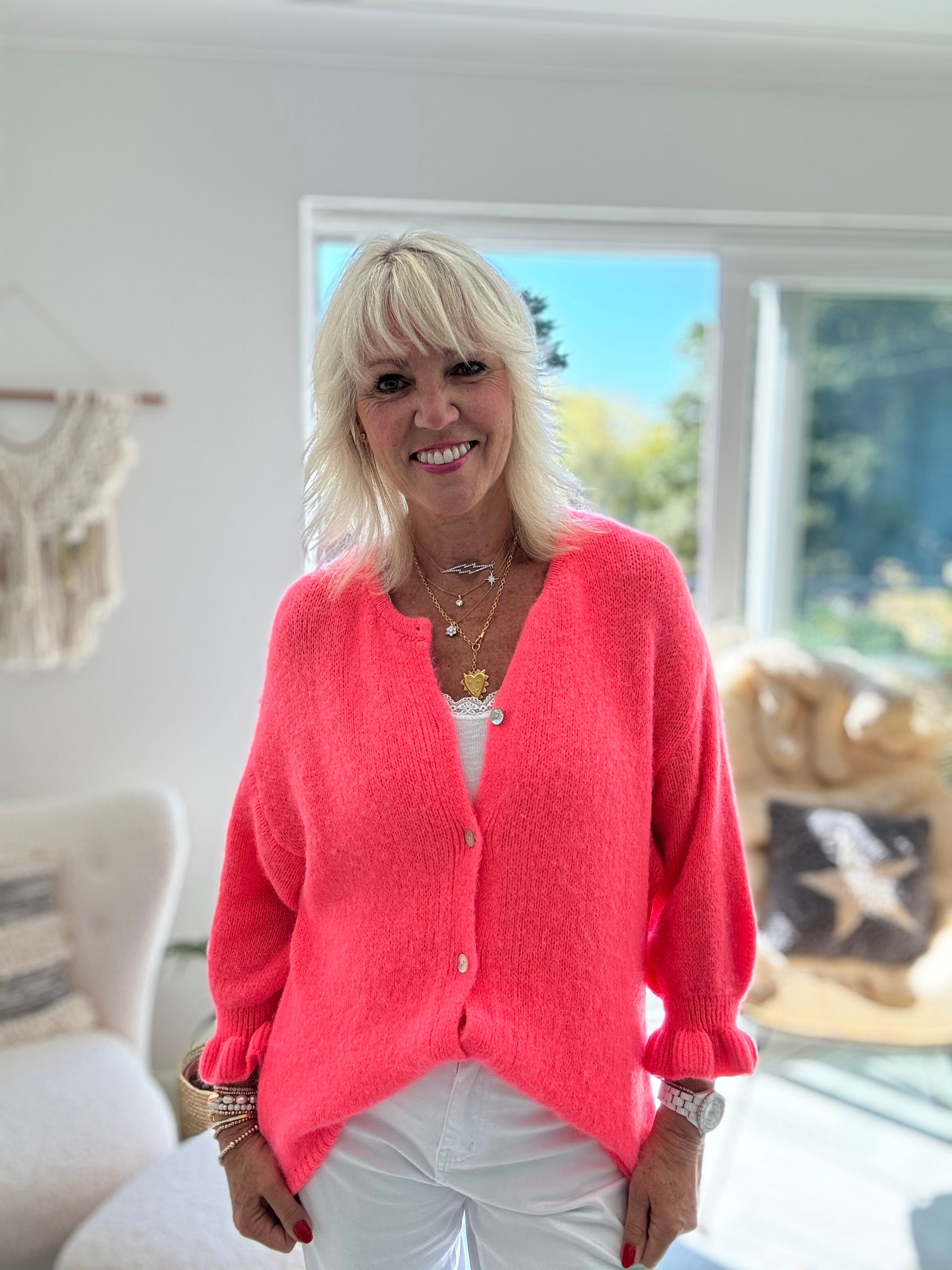 Alpaca Cardi with Frill Cuffs in Neon Coral