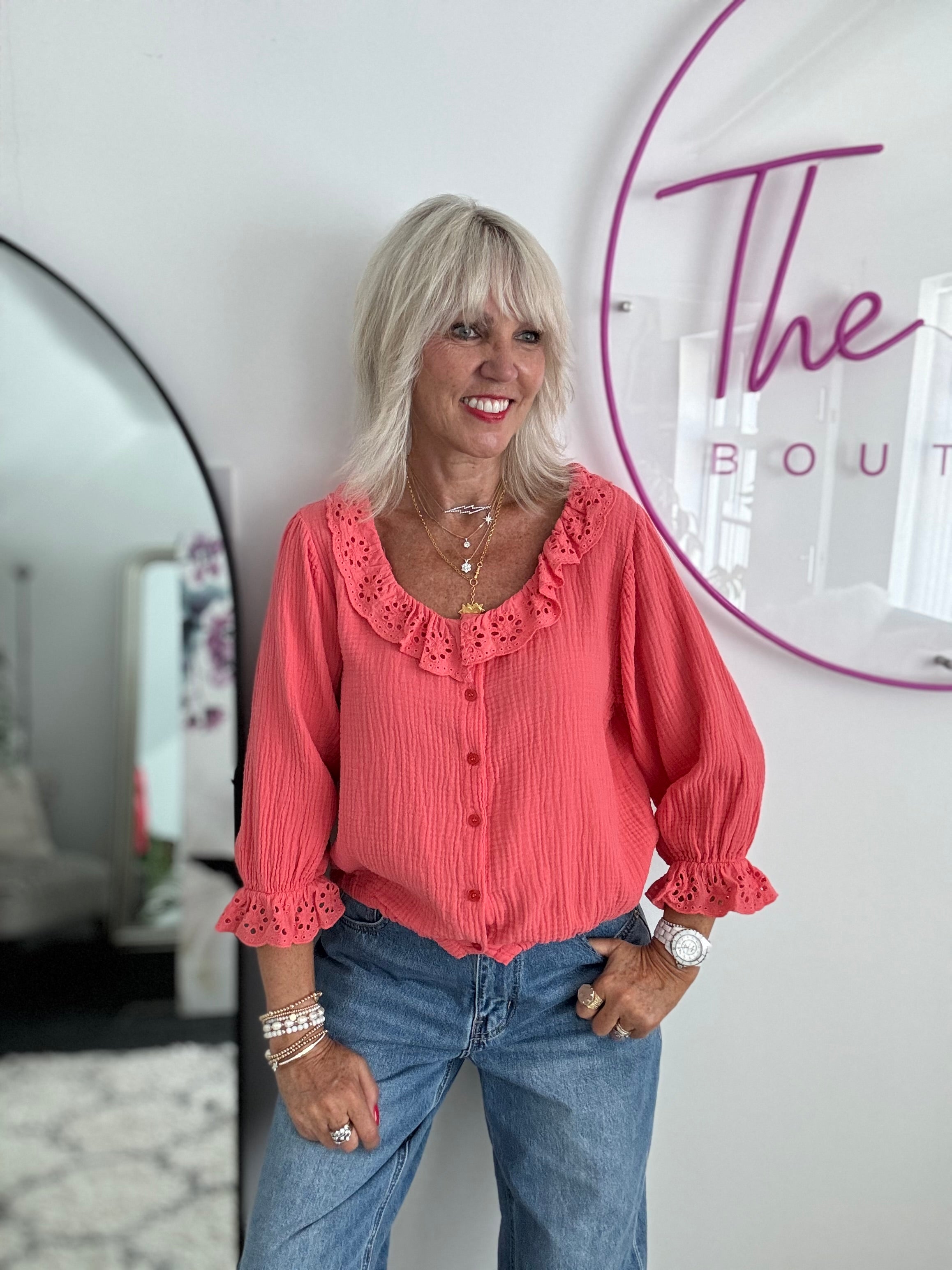 Cheesecloth Blouse with Broderie Collar in Coral