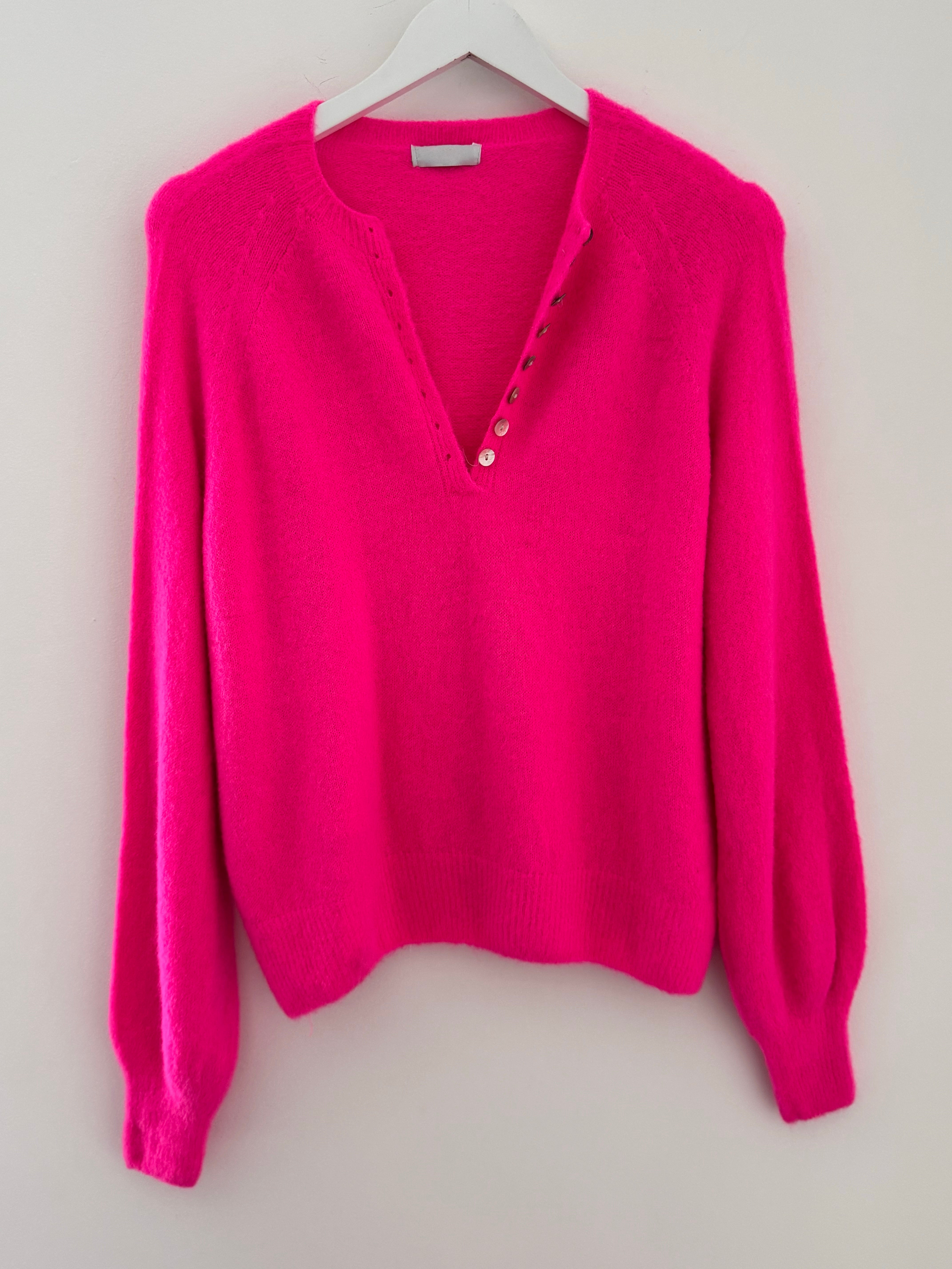 Softie Jumper with Button Neck in Neon Pink