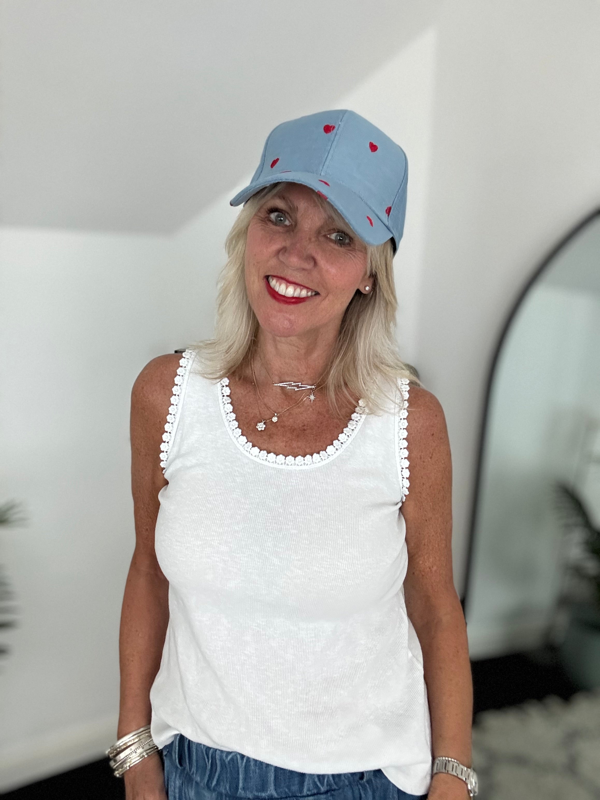 Denim Blue Cap with Red Hearts