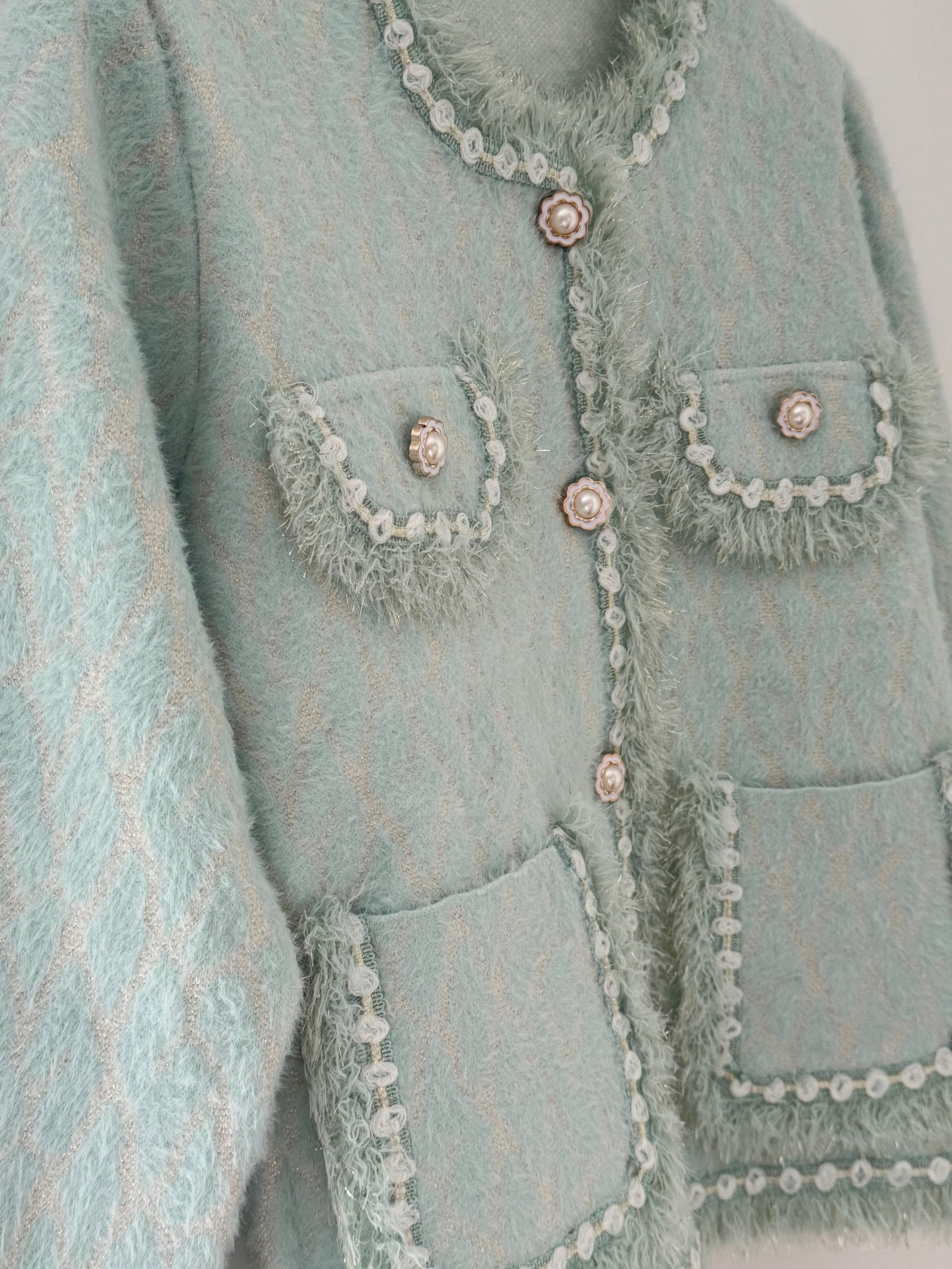 Flower Button & Tweed Cardi Jacket in Aqua