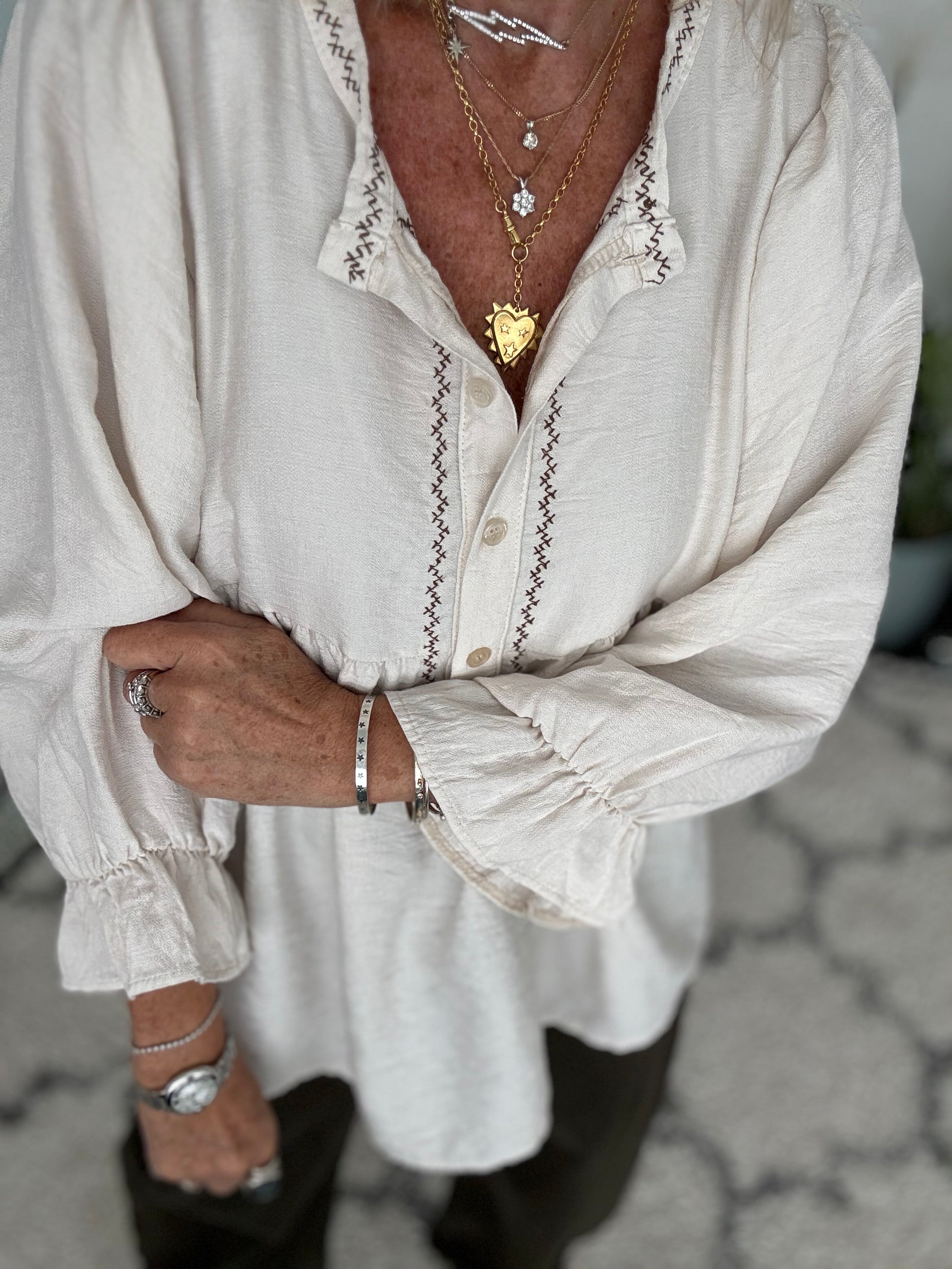Luxe Blouse with Embroidery in Ecru