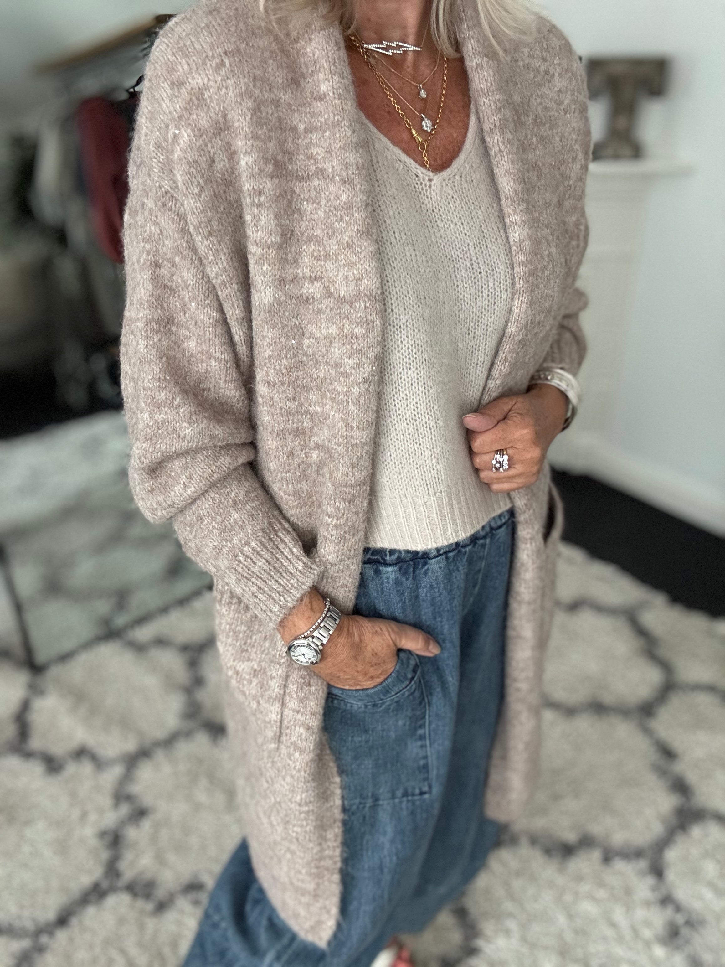 Long Pocket Cardi in Stone