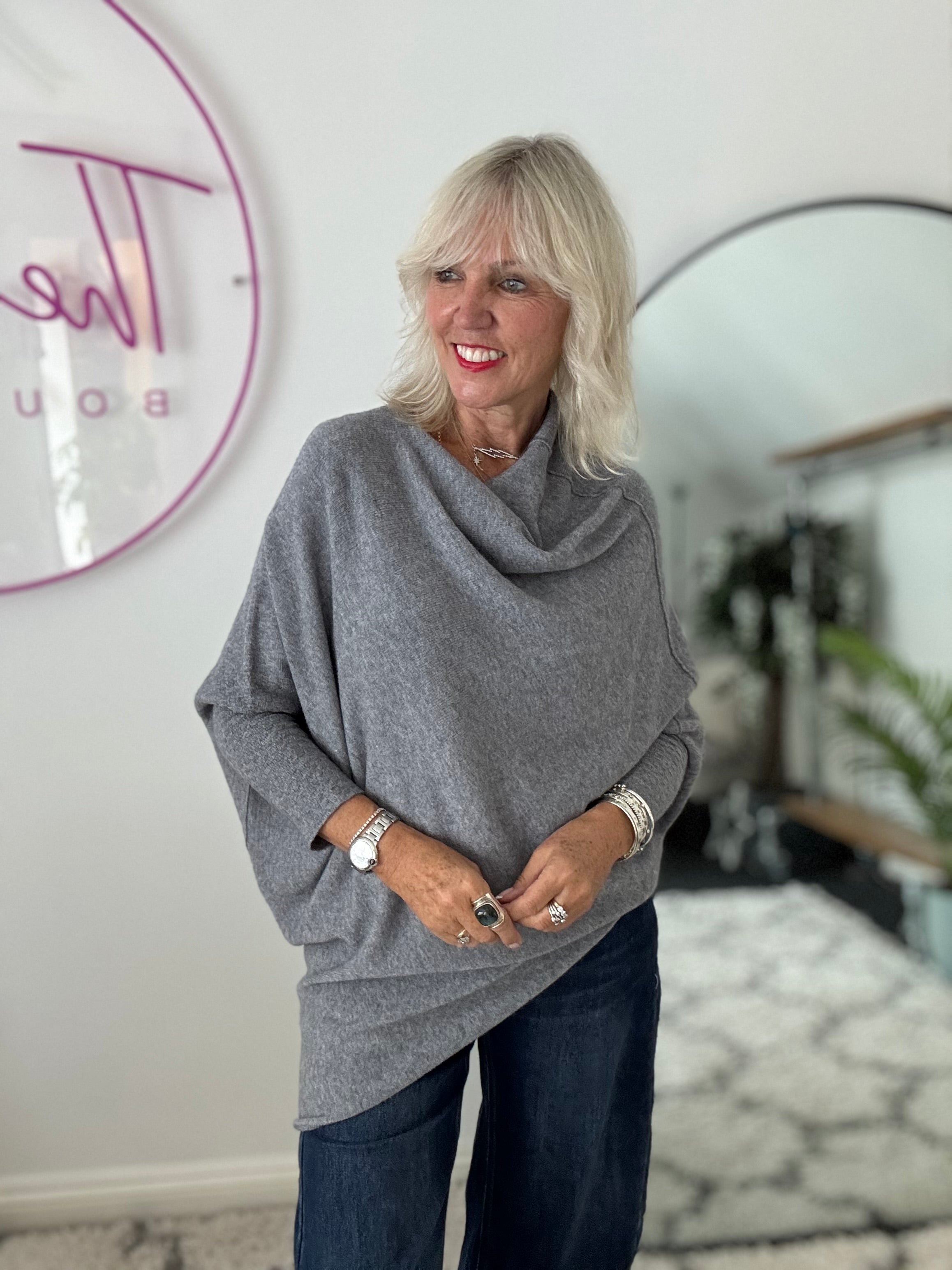 Cowl Neck Asymmetric Jumper in Charcoal Grey