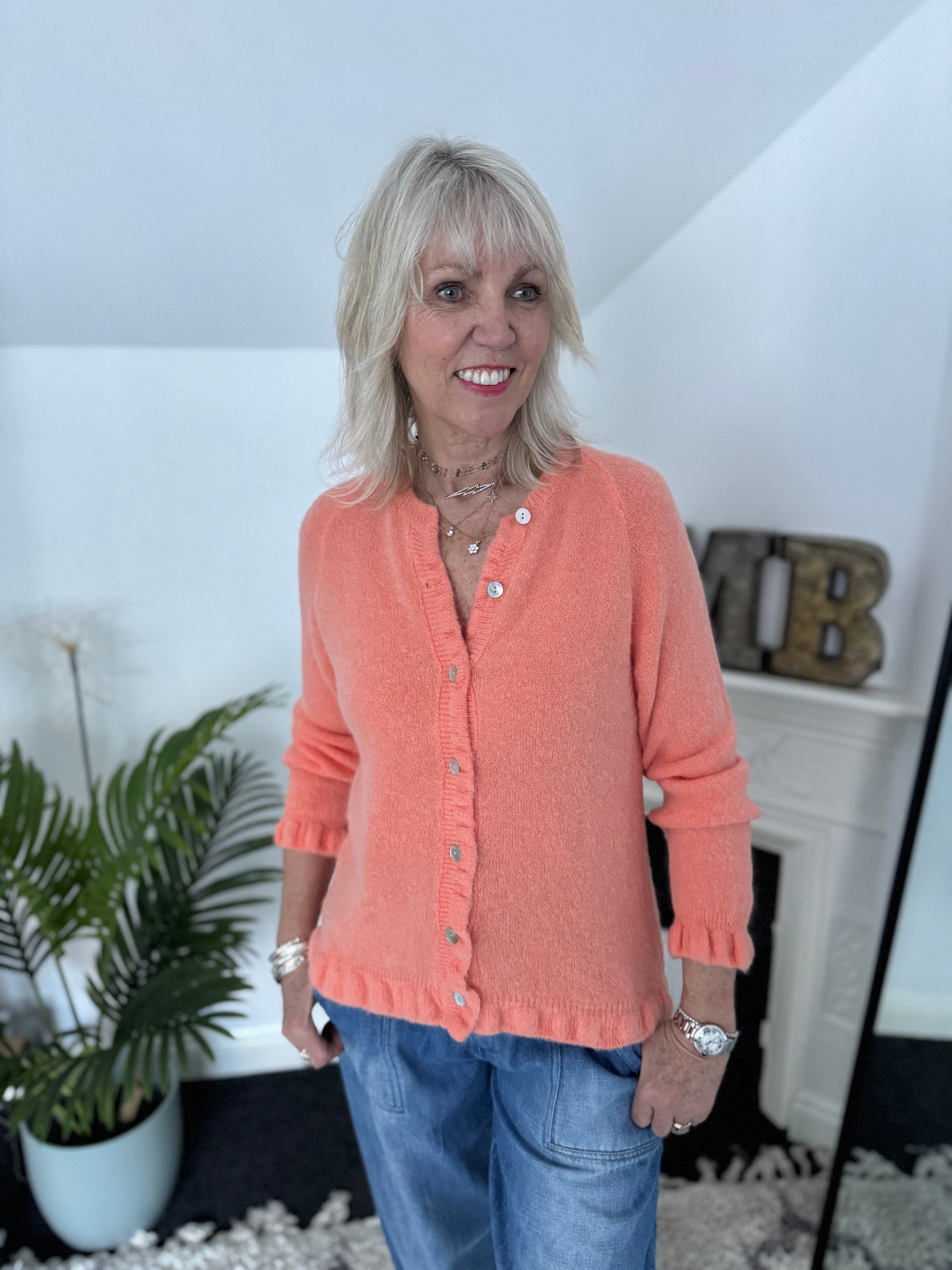 Alpaca Cardi with Frill Hems in Soft Tangerine