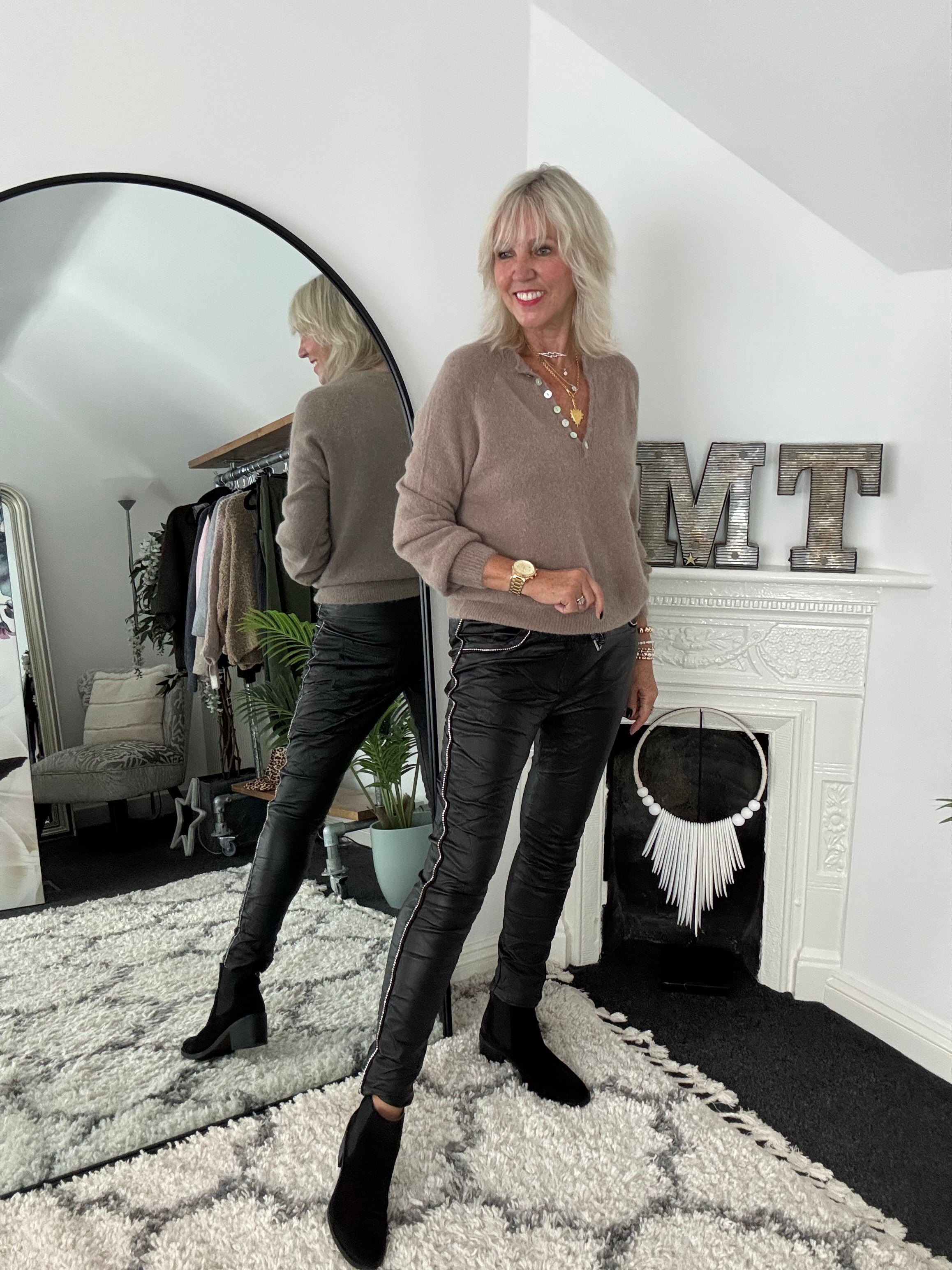 Waxed Rhinestone Joggers in Black