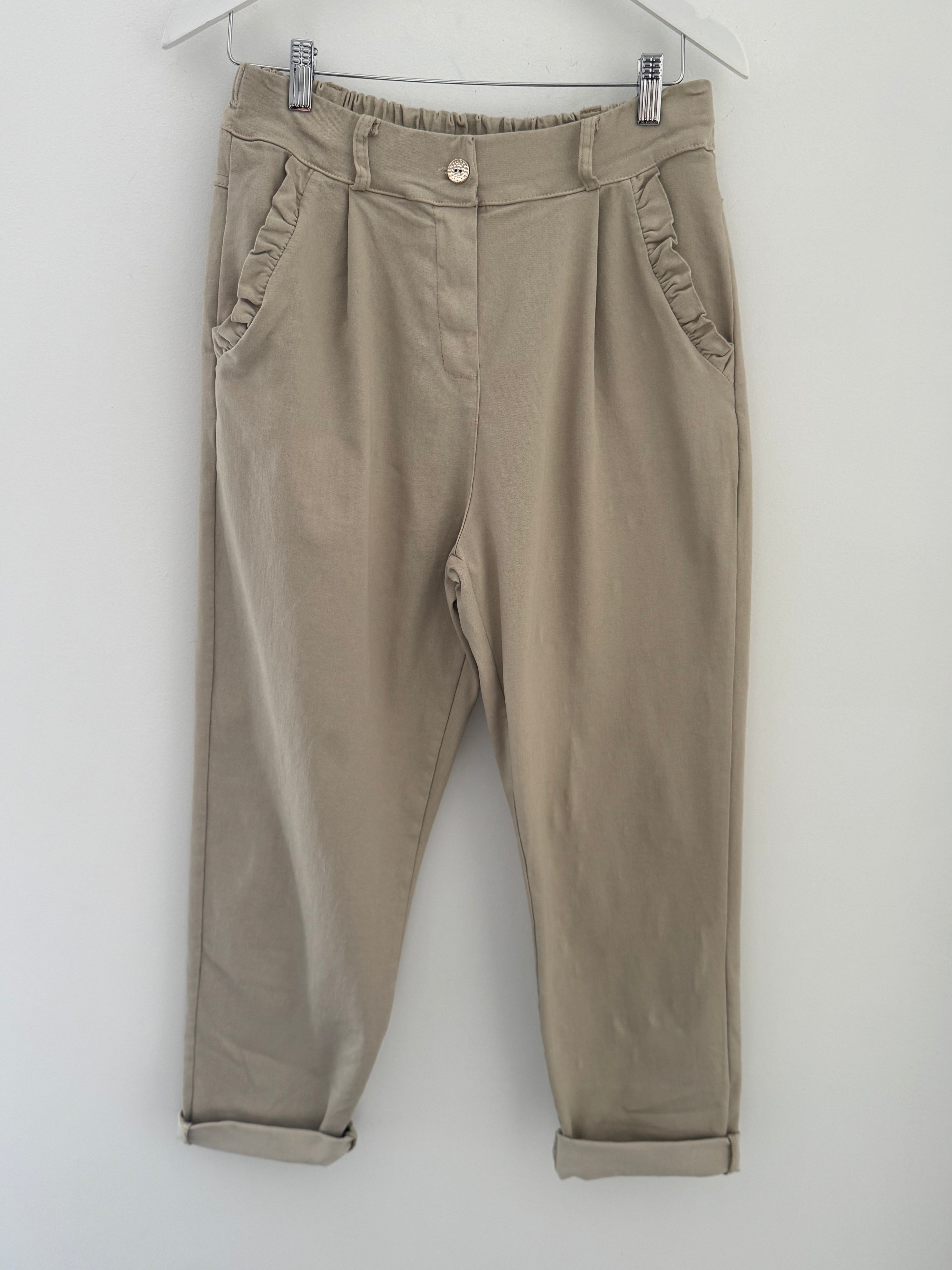 Luxe Stretch Trousers with Ruffle Pocket in Stone