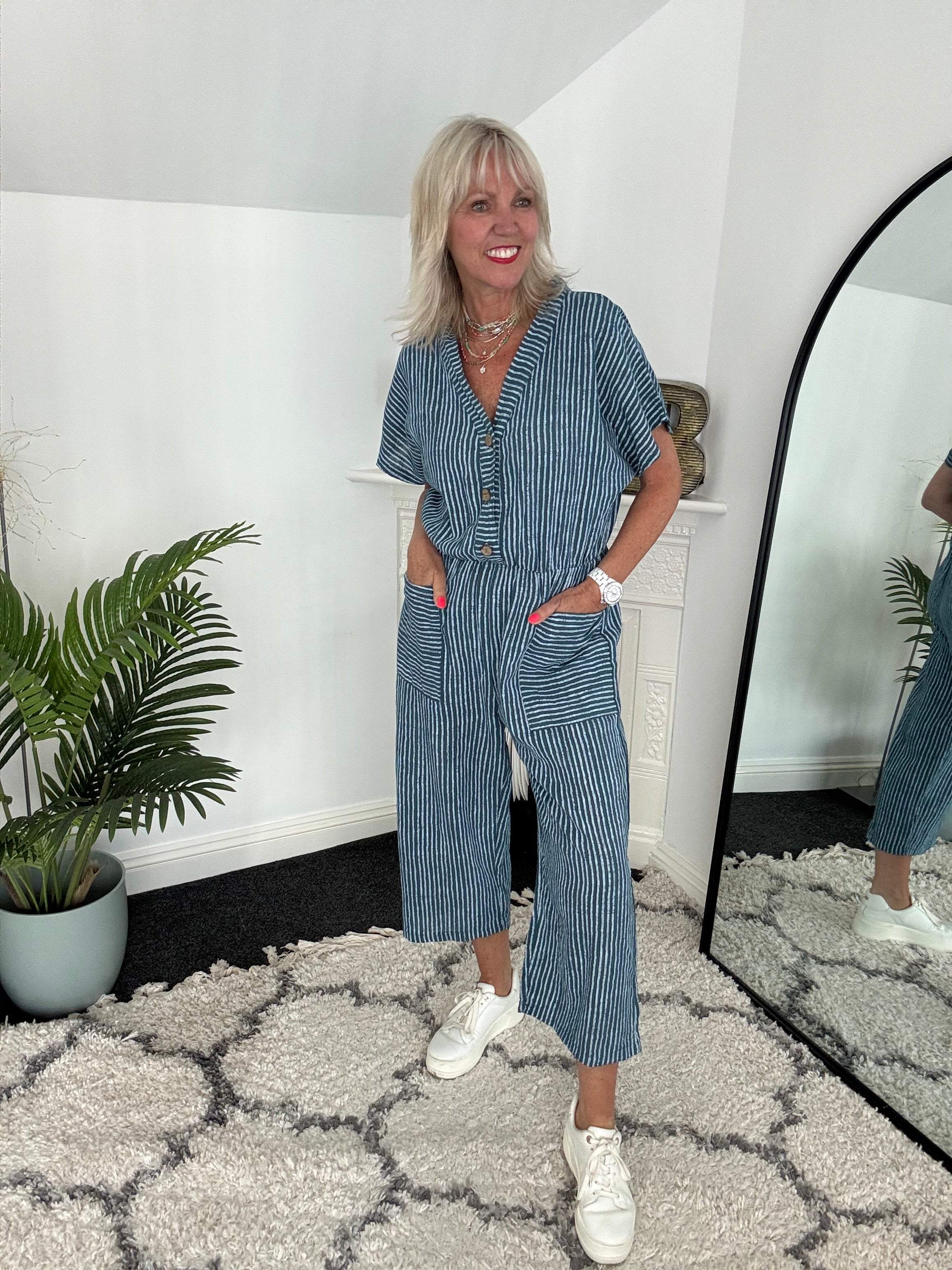Cotton Stripe Jumpsuit in Petrol Blue