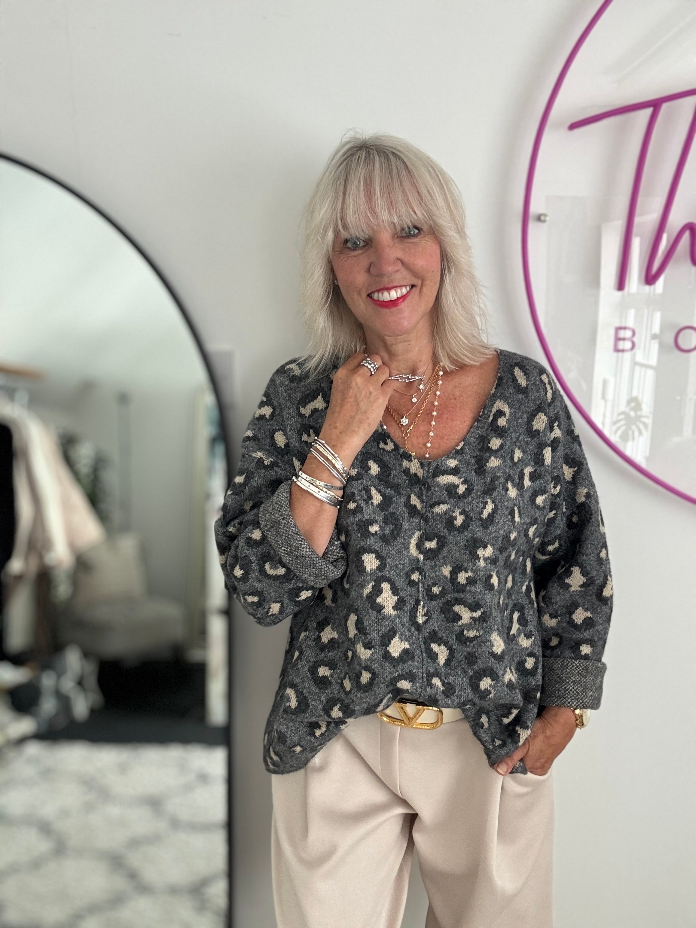 Seam Front V Neck Jumper in Grey Leopard