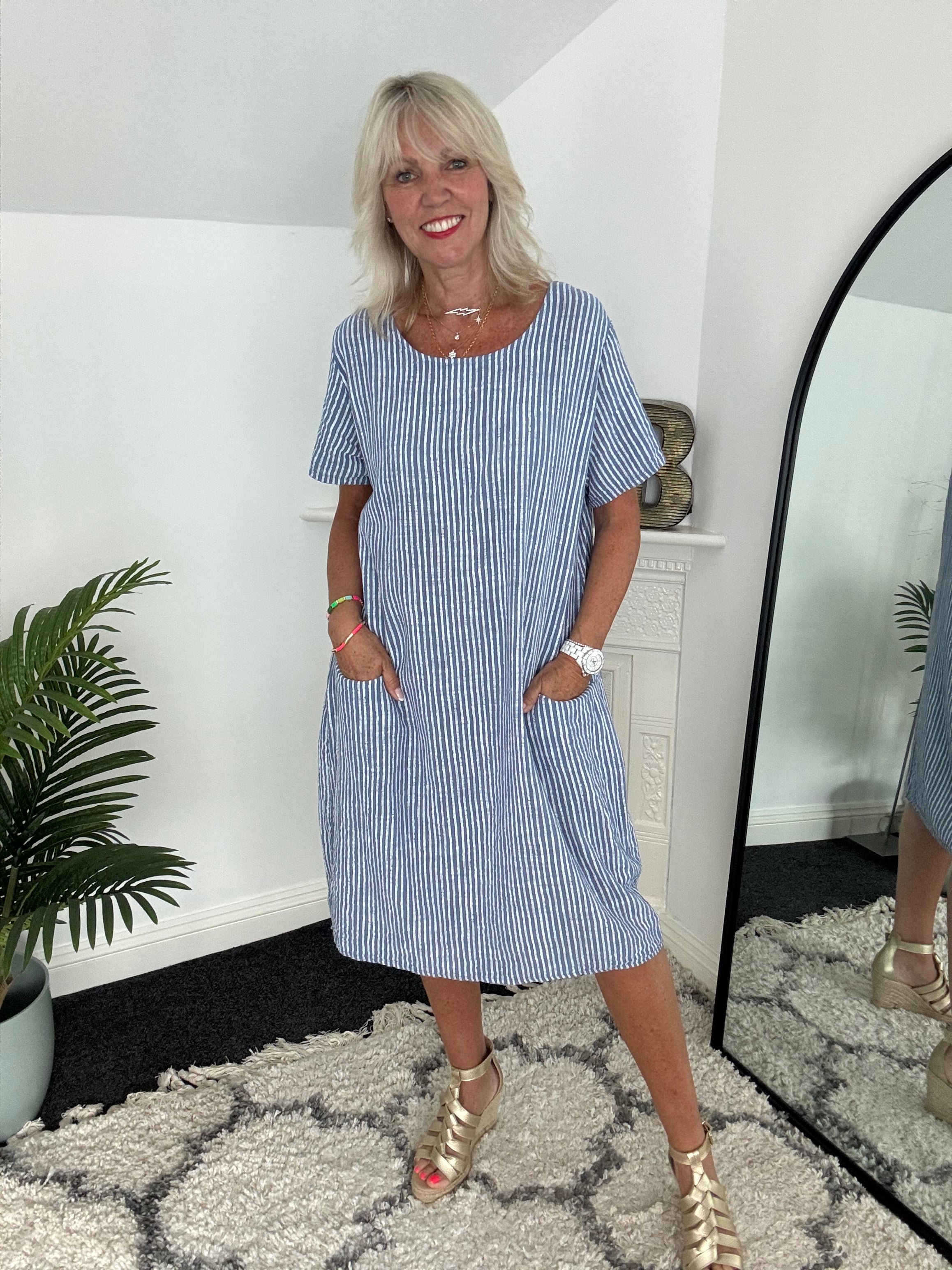 Cotton Stripe Pocket Dress in Blue